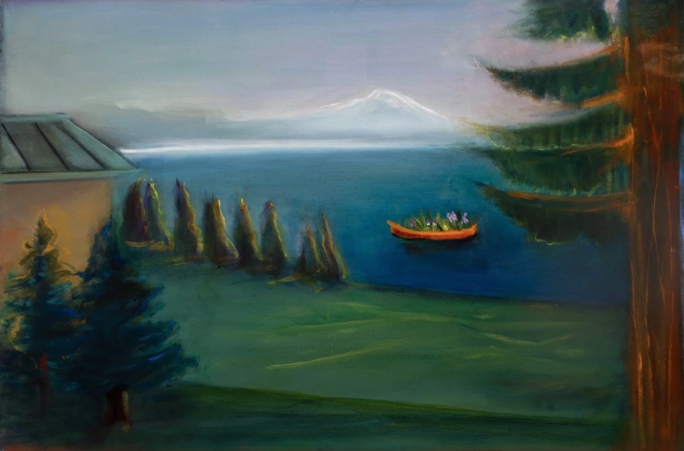 Kathryn Altus - Orange Canoe Bouquet Delivery System, oil on canvas, 24 x 36 in. $3800