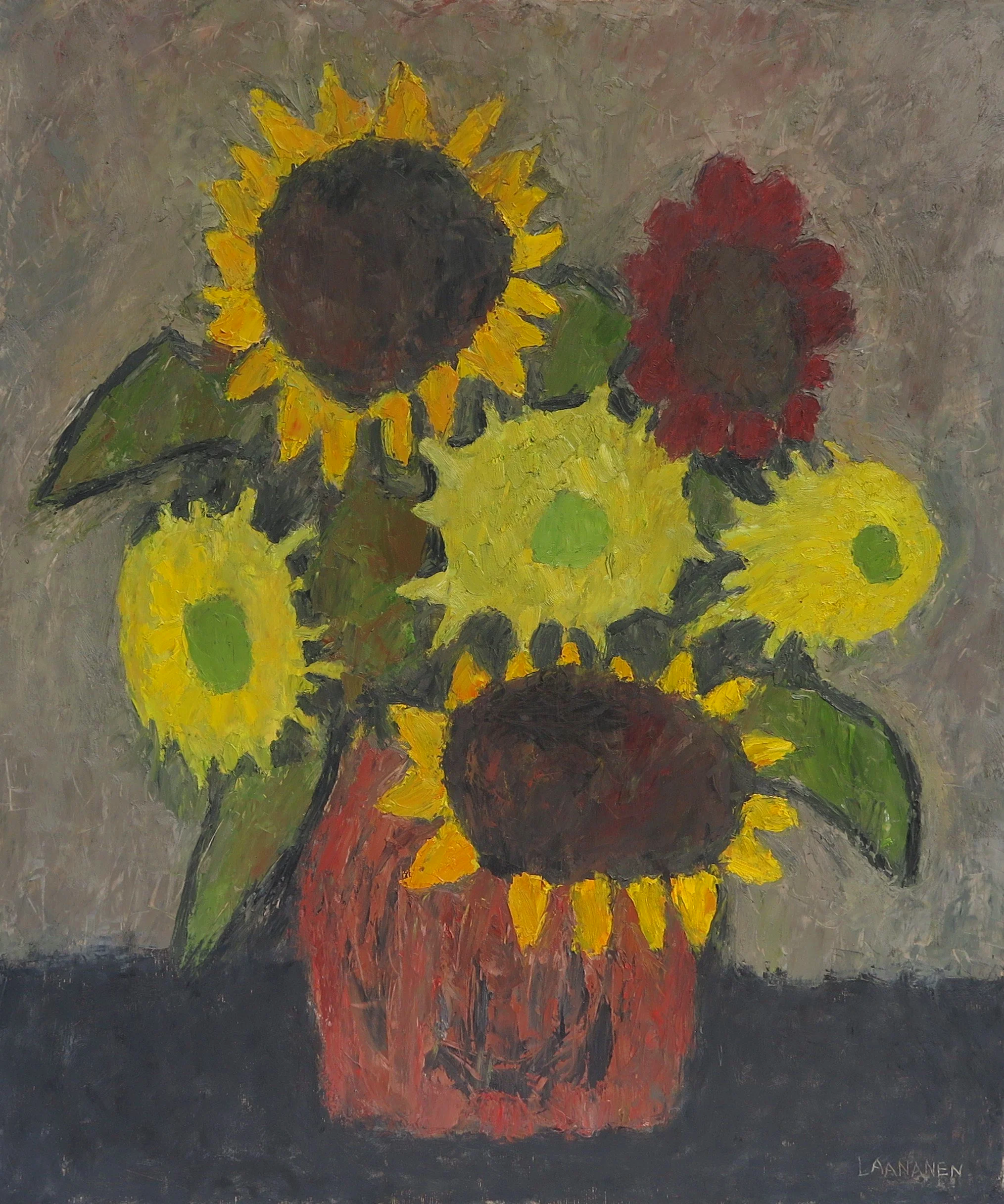 Gregg Laananen - Sunflowers in the Red Vase, oil on panel, 28 x 24 in. 