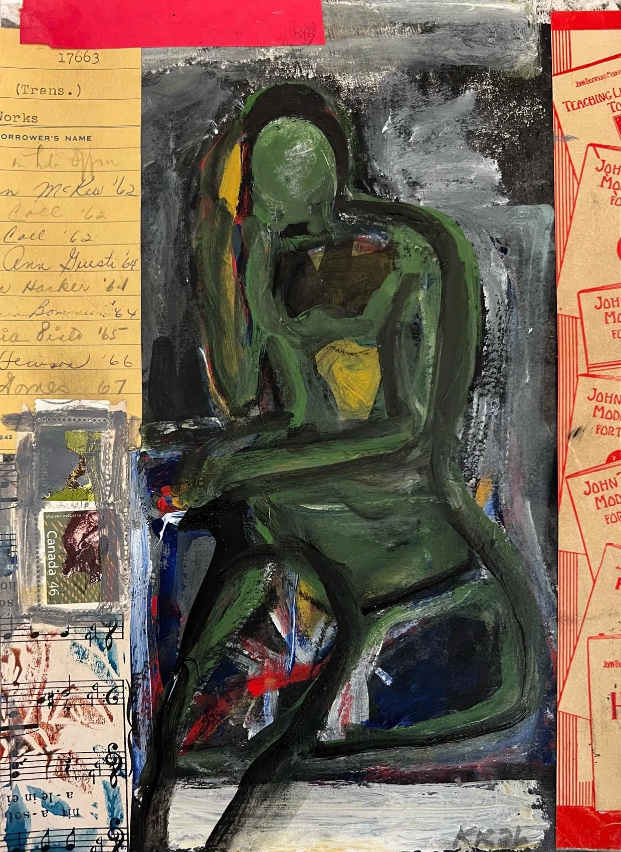 Karen Kosoglad - Green Figure, mixed media collage, 10.25 x 7.25 in. 