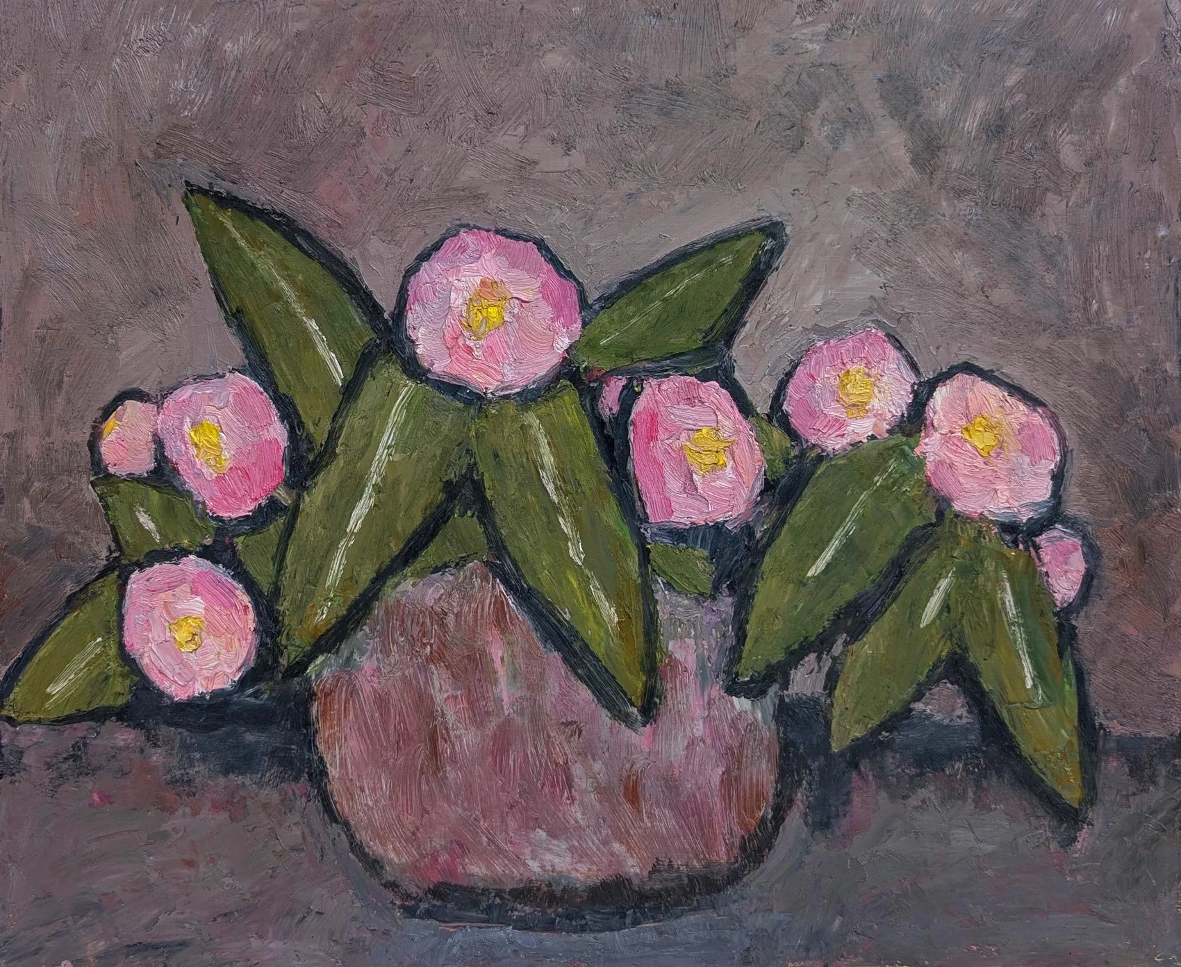 Gregg Laananen - Pink Camellia in a Studio Pottery Vase, oil on panel, 13 x 16 in. $1500