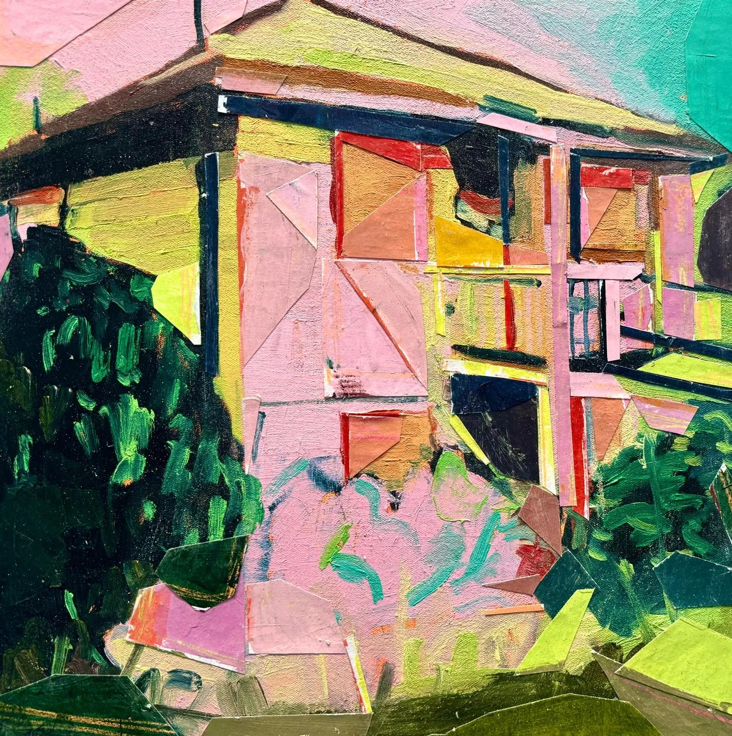 Daphne Minkoff - Settling, collage, oil on canvas over board, 18 x 18 in. 