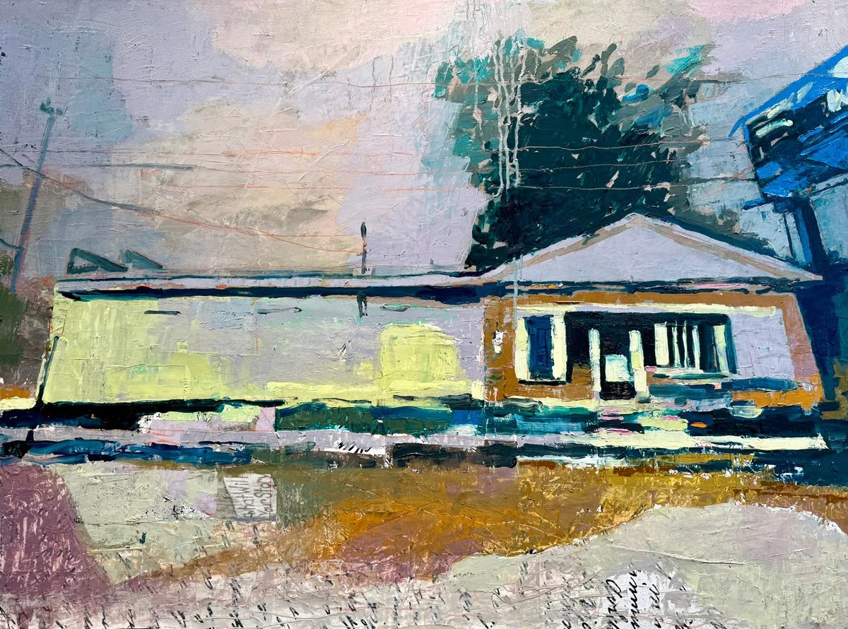 Daphne Minkoff - Ripples of Consequence, collage, oil on canvas over board , 30 x 40 in. 