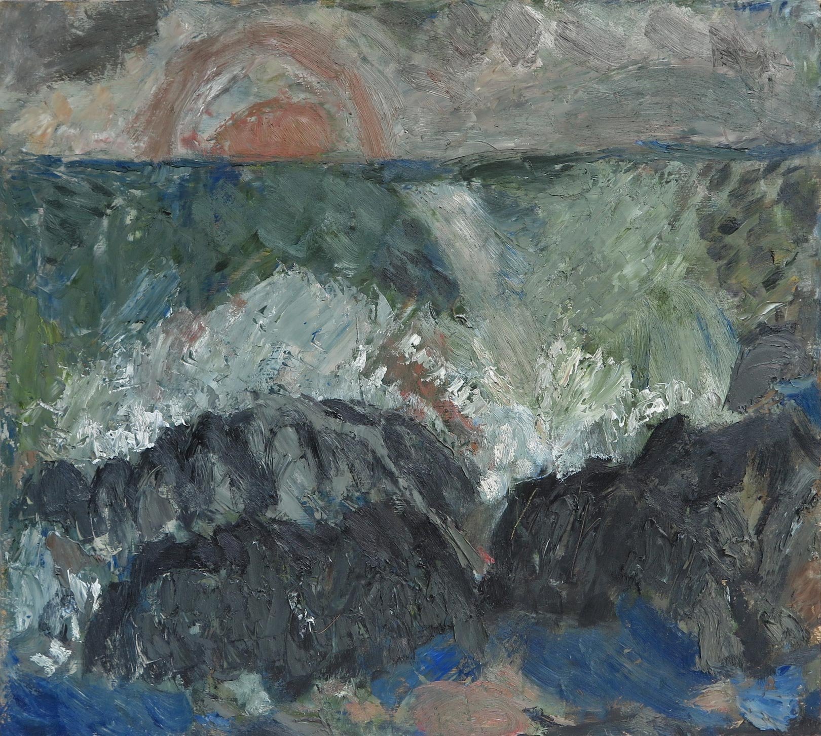 Gregg Laananen - Sunset and Waves on the Rocks, Yachats, oil on panel, 18 x 20 in. 