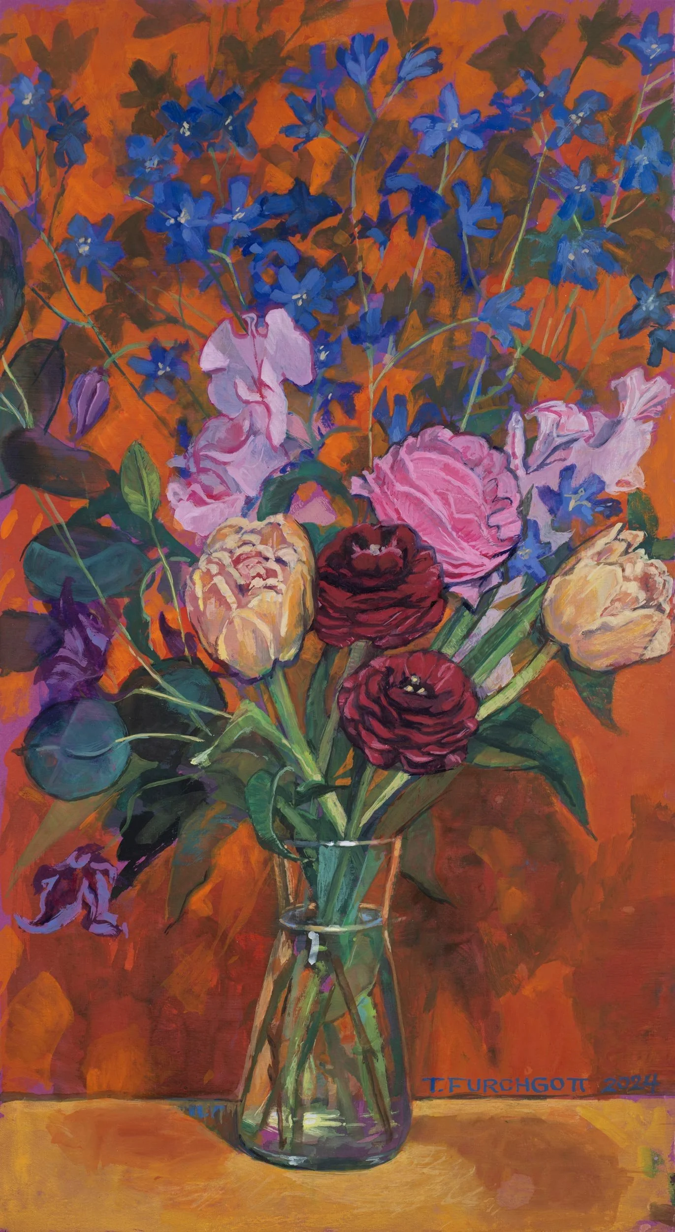 Terry Furchgott - Delphiniums Blue, gouache and watercolor on paper, 19 x 10.25 in. $2600