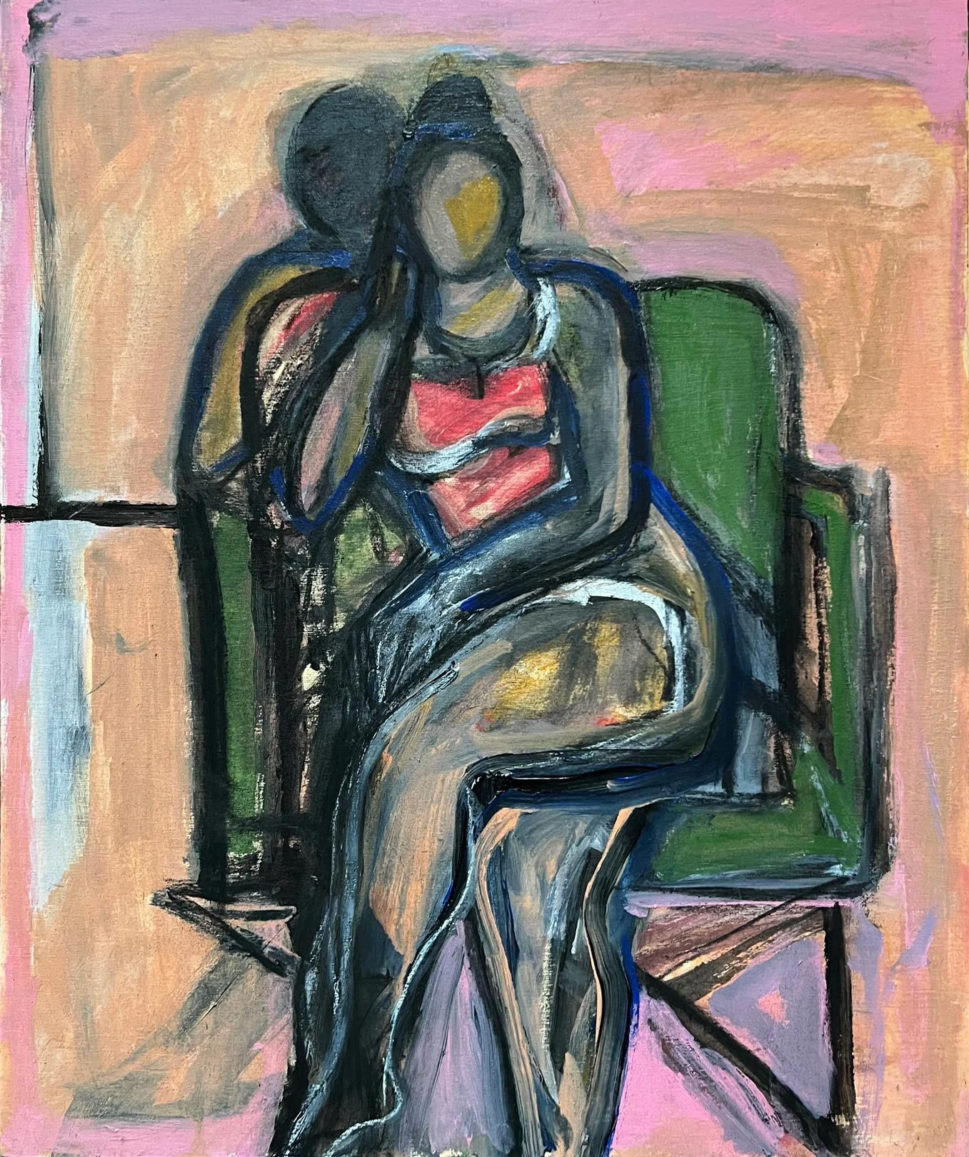 Karen Kosoglad - Green Chair and Figure in Reflection, mixed media on board, 24 x 30 in. 