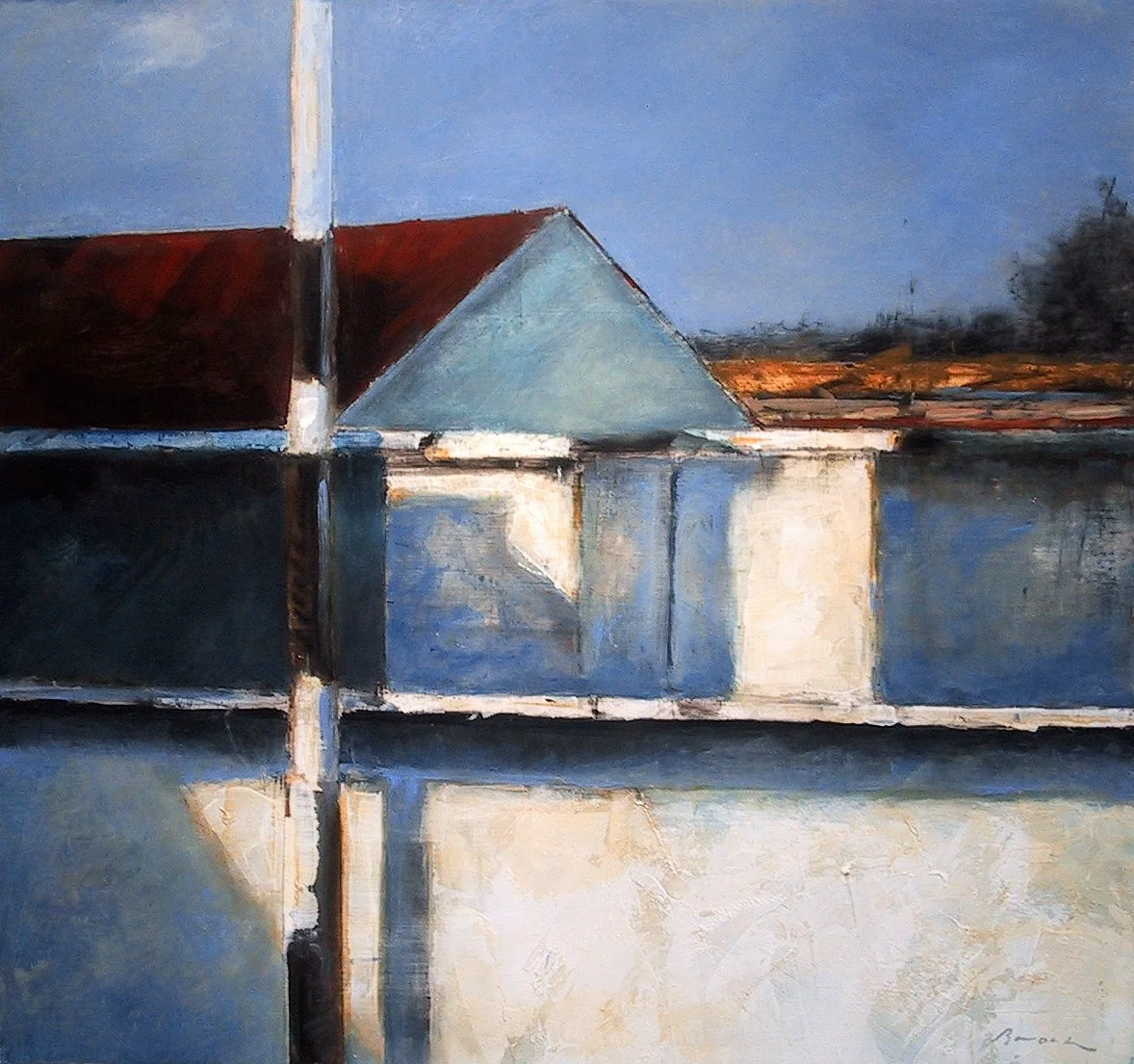 Joel Brock - Edison Buildings, acrylic, charcoal and pastel on mahogany panel, 30 x 32 in. SOLD