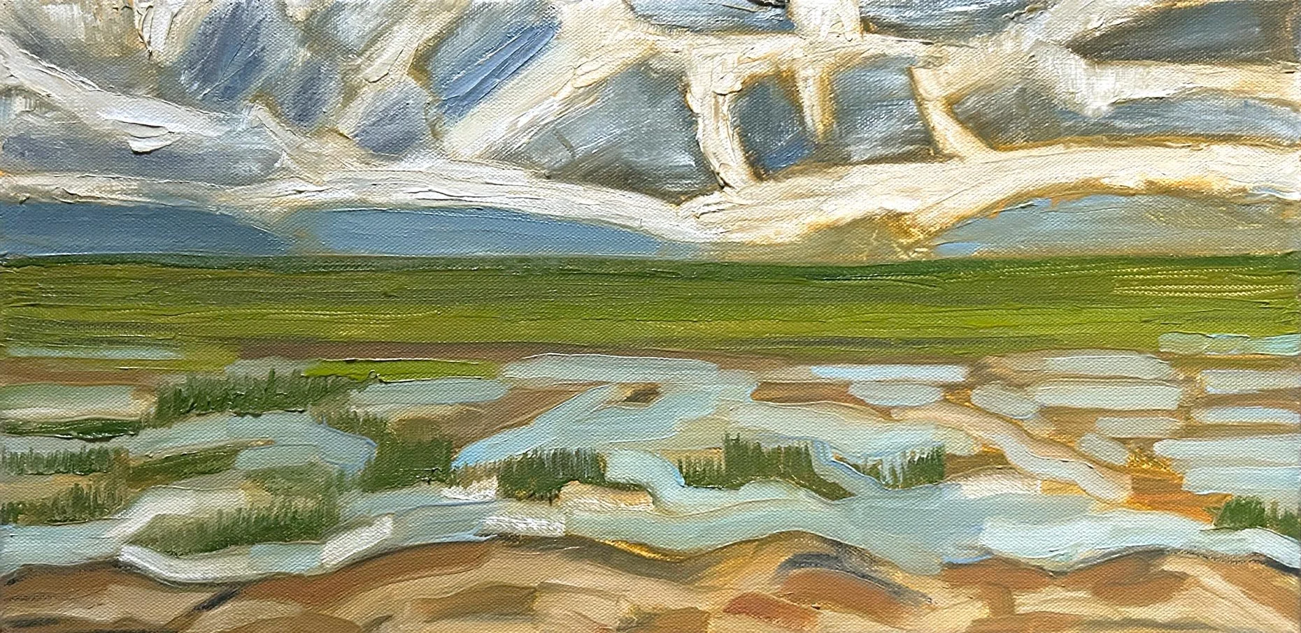 Hart James - Samish Sky and Mud, oil and charcoal on canvas, 10 x 20 in. $750