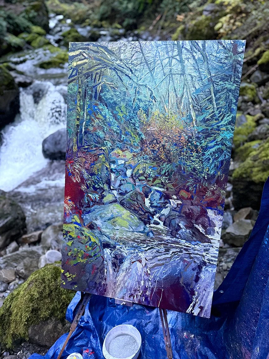 Plein Air - Painting on Location: Finney Creek, spray paint and acrylic on canvas, 46.5 x 28.75 in.