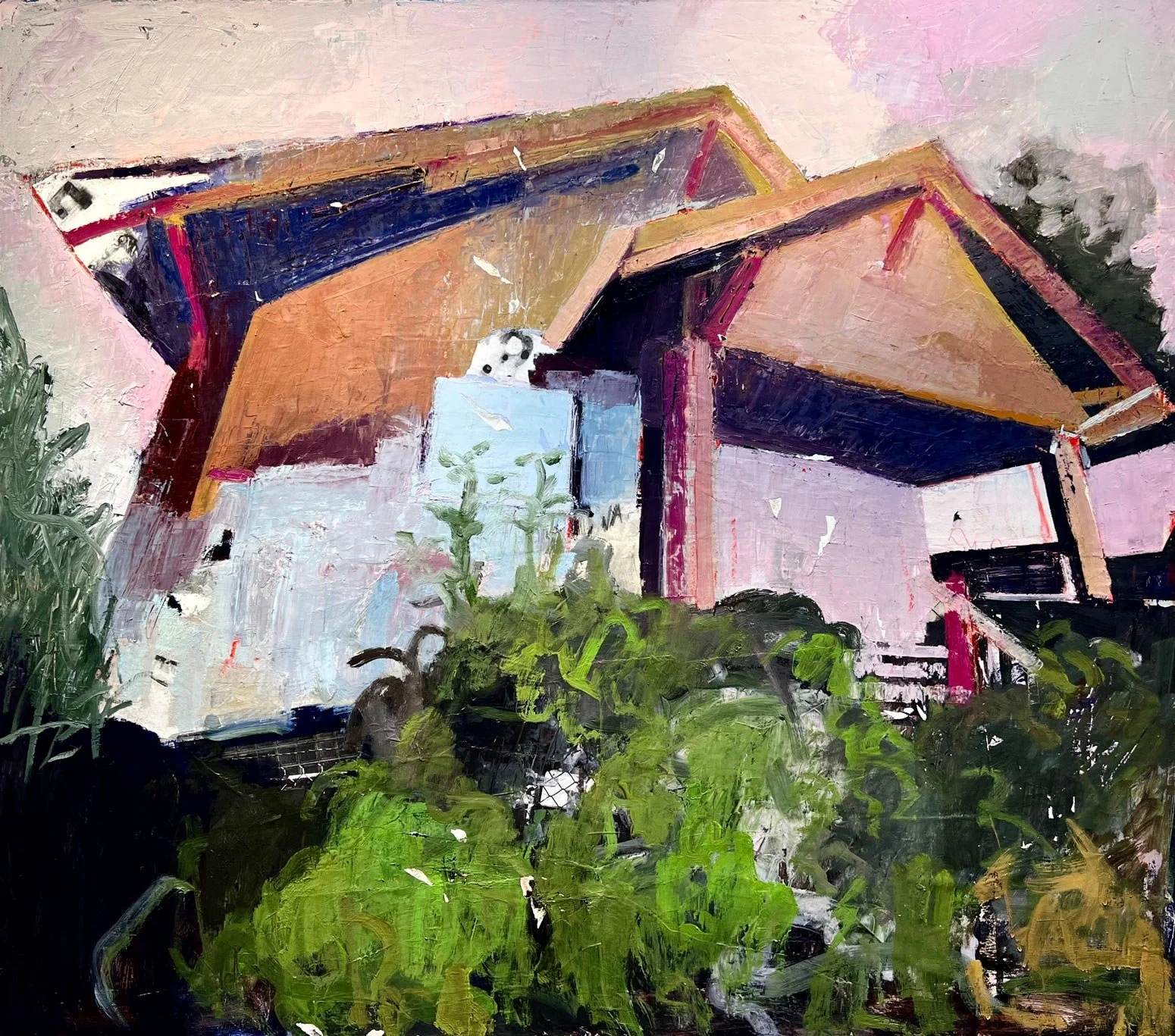 Daphne Minkoff - Facade of Stability: View #1, collage, oil on canvas, 44 x 50 in. $4500