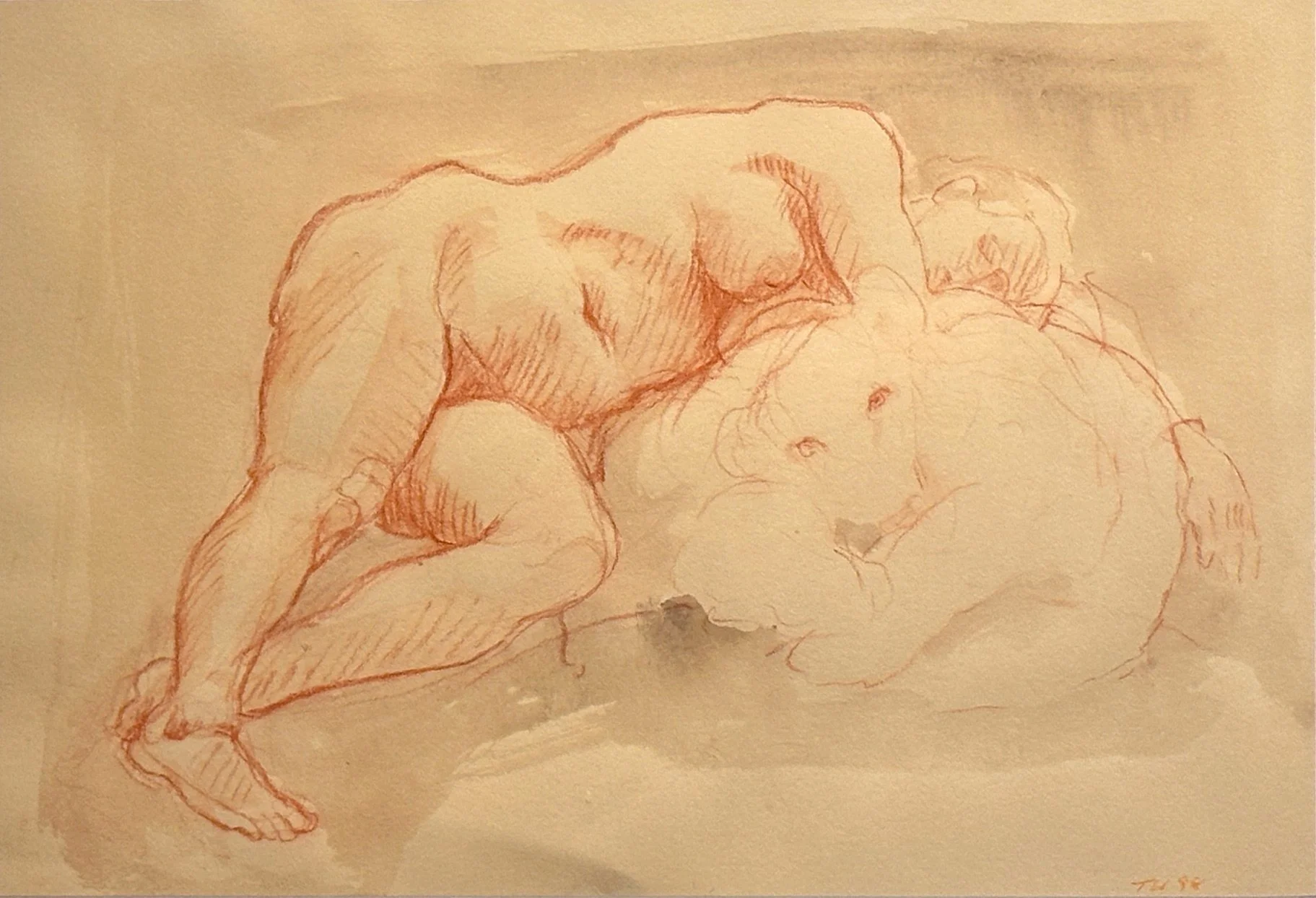 Thomas Wood - Title Unknown - Woman and Bear, watercolor and conté on paper, 14.5 x 21 in. / framed to 25 x 31.5 in. $1200