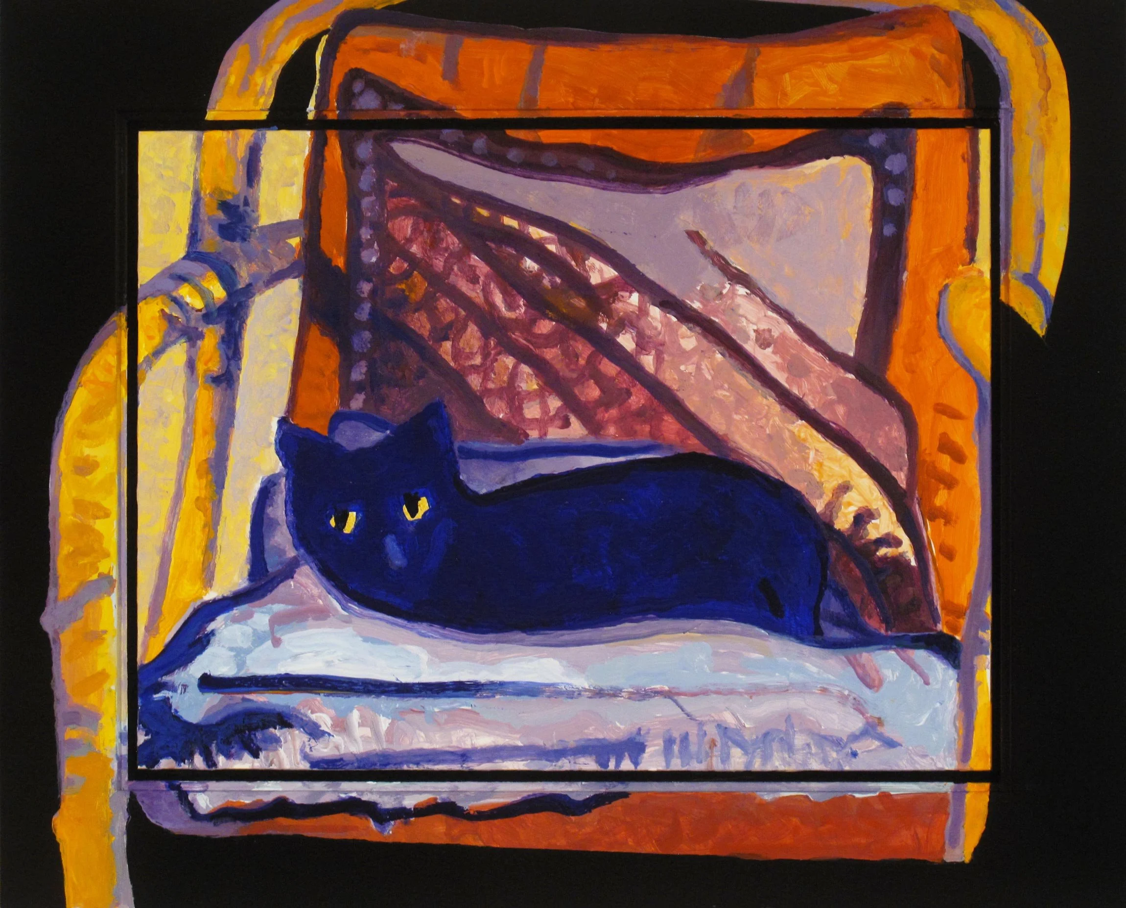 Richard Morhous - Le Chat Bleu, acrylic on board, 12.75 x 15.75 in. $1500