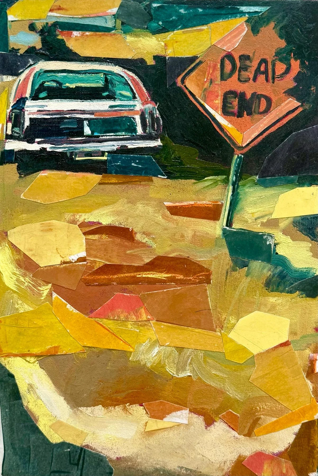 Daphne Minkoff - Dead End #2, collage, oil on canvas over board, 18 x 12 in. 