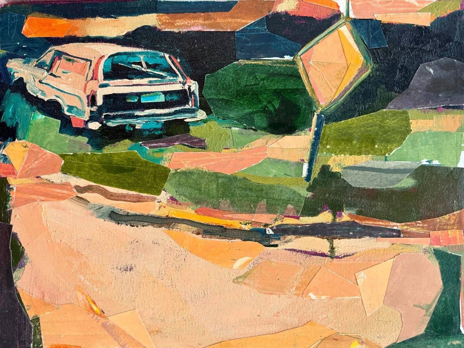 Daphne Minkoff - Dead End #1, collage, oil on canvas over board, 12 x 16 in. 