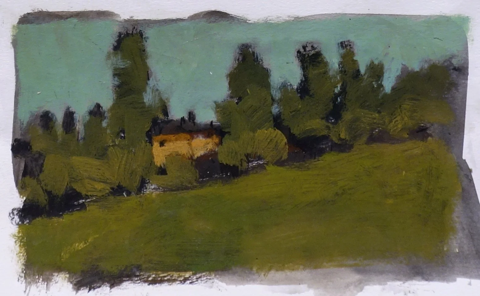 Robert Schlegel - Red House in Trees, acrylic on paper, 4.5 x 7.5 in. $850