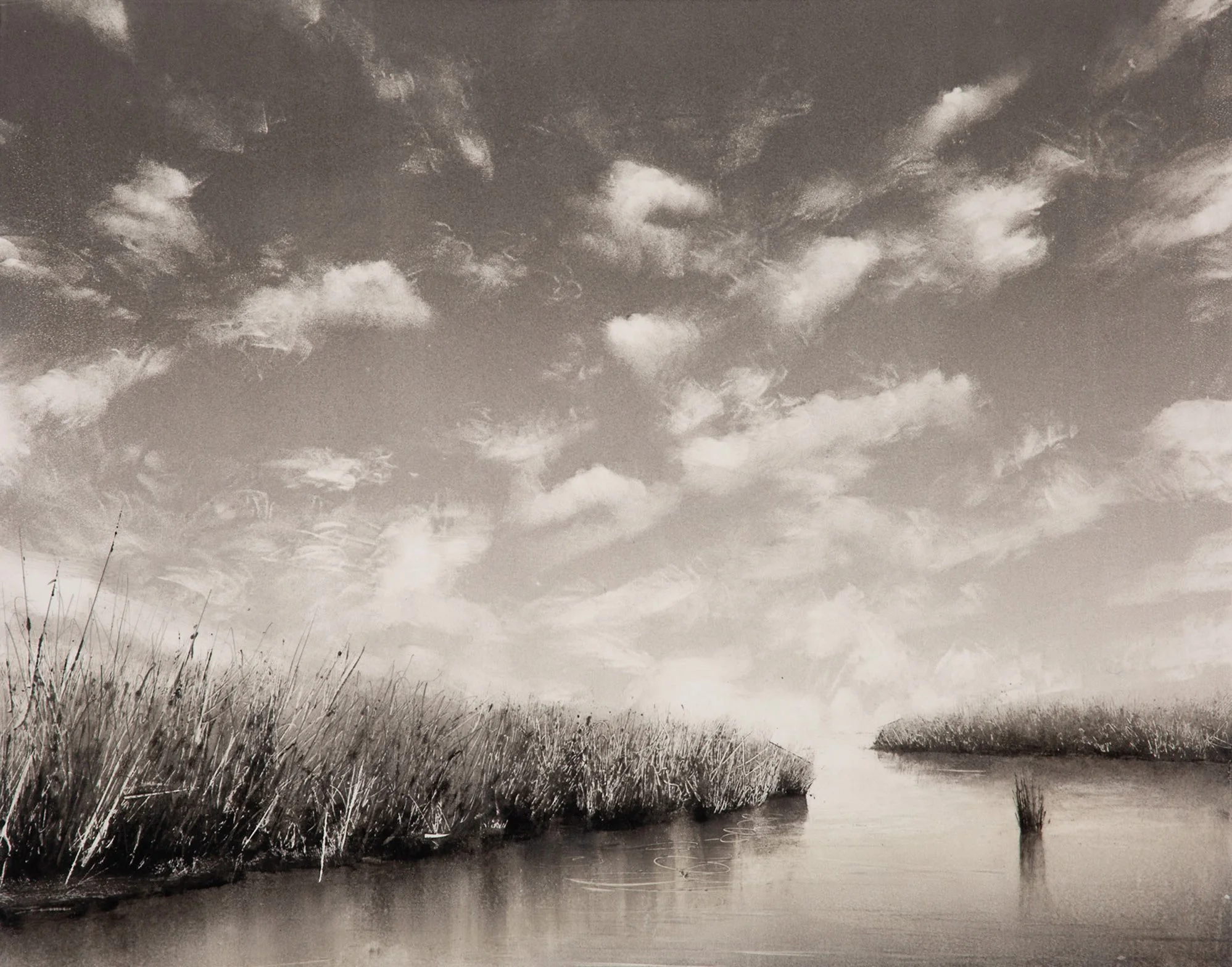Wendy Orville - Wetlands with Mackerel Sky No. 2, monotype, 15.75 x 19.75 in. $3700 