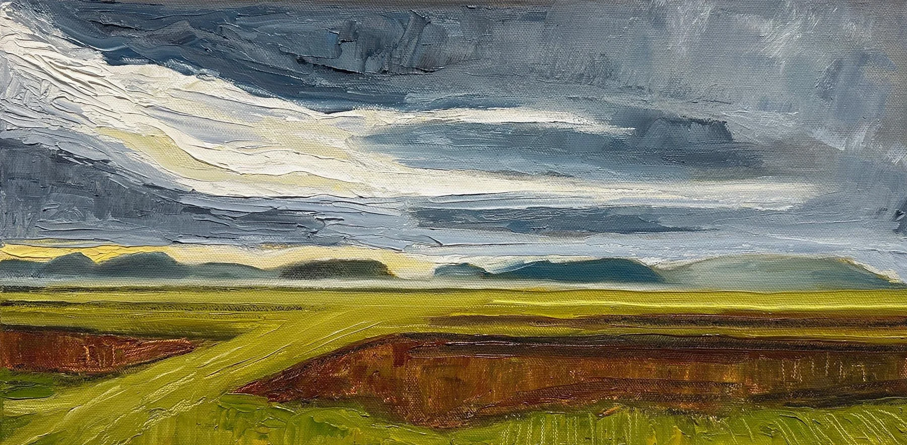Hart James - The Farm by the Islands, oil and charcoal on canvas, 10 x 20 in. SOLD