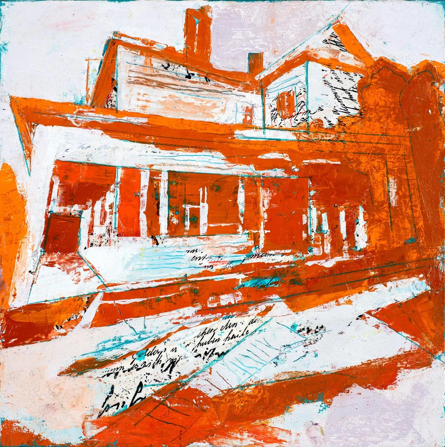 Daphne Minkoff - Sum of My Misfortunes, collage, oil on canvas over board, 14 x 14 in. $1200
