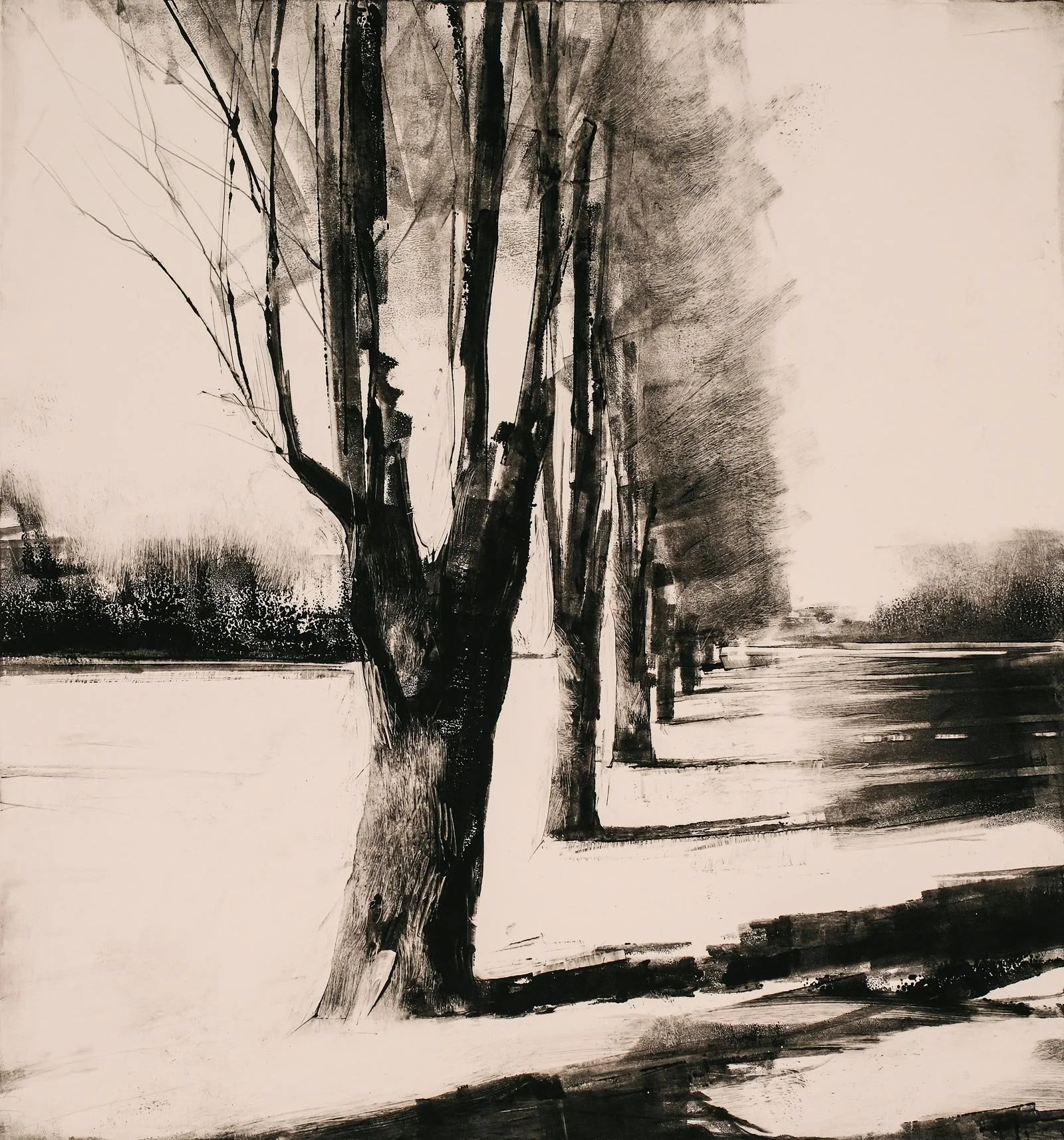 Wendy Orville - Battlepoint Poplars, Late Afternoon, monotype, 15.75 x 14.75 in. $2900 (unframed)