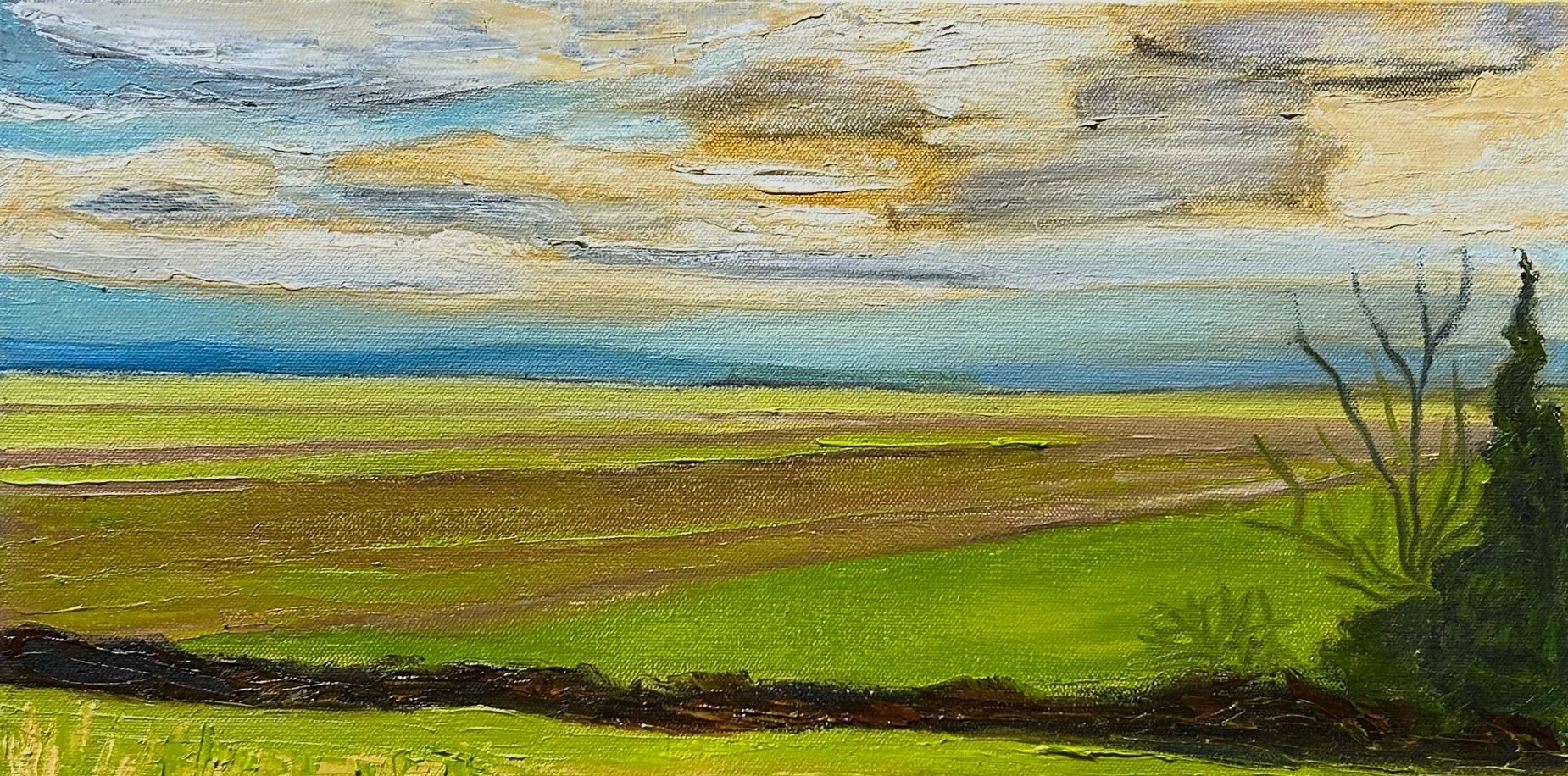 Hart James - Across the Way, oil and charcoal on canvas, 10 x 20 in. 