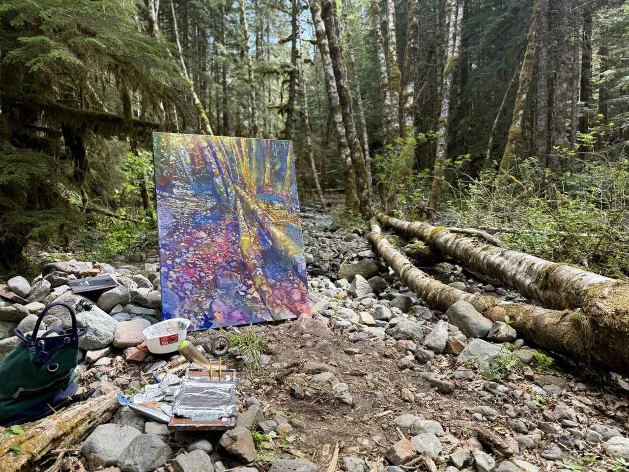 Plein Air - Painting on Location: Rankin Creek 2, spray paint and acrylic on canvas, 48 x 36 in.