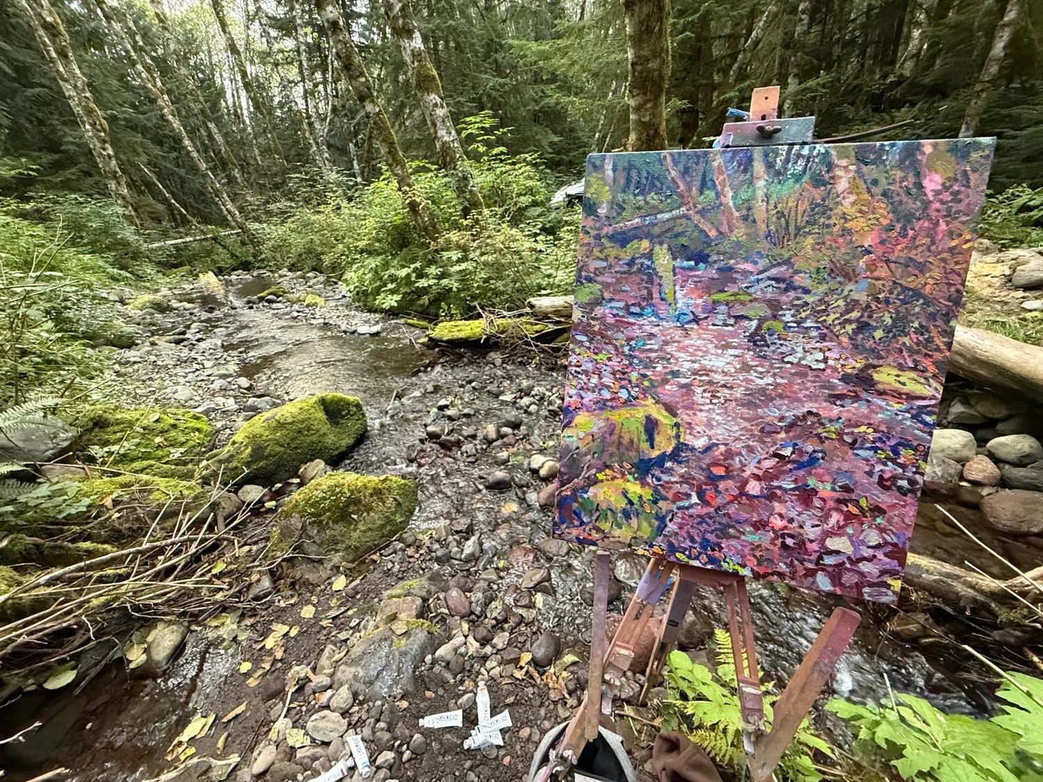 Plein Air - Painting on Location: Rankin Creek 3, spray paint and acrylic on canvas, 20 x 16 in.