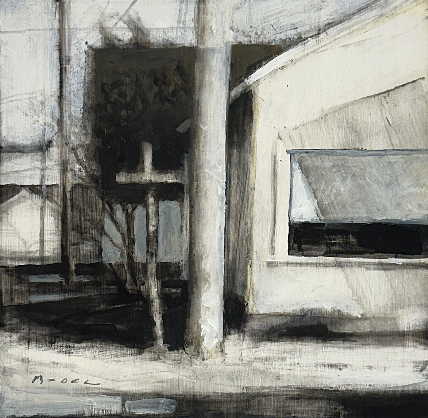 Joel Brock - Downtown Edison, acrylic and charcoal on masonite, 10 x 10 in. $2500