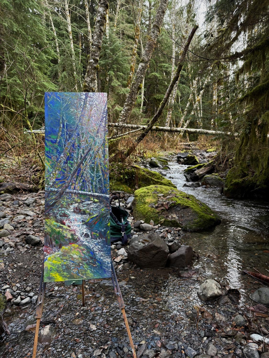 Plein Air - Painting on Location: Ridley Creek, spray paint and acrylic on canvas, 40.5 x 12.5 in.