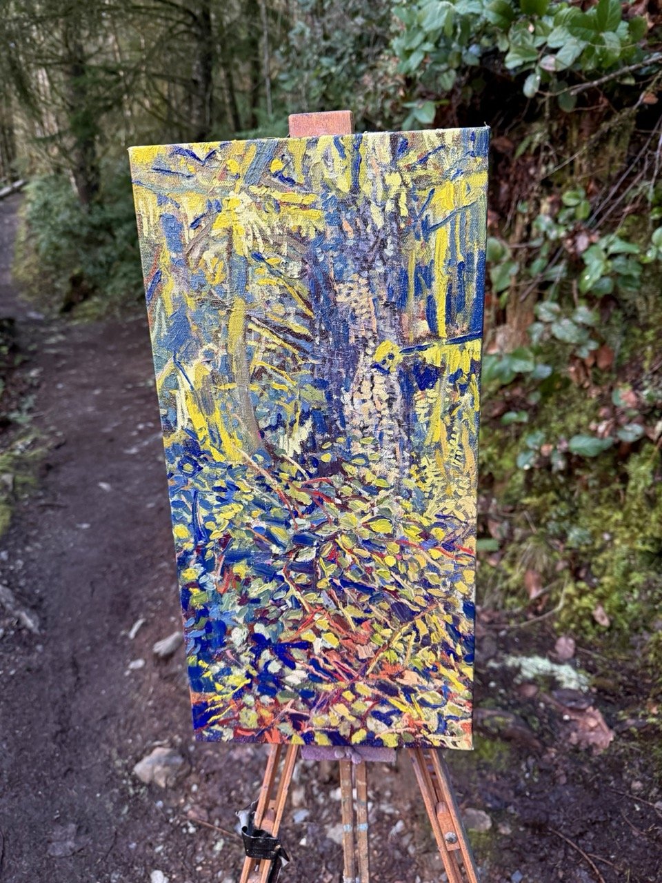 Plein Air - Painting on Location: Chuckanut, spray paint and acrylic on canvas, 20 x 10 in. 