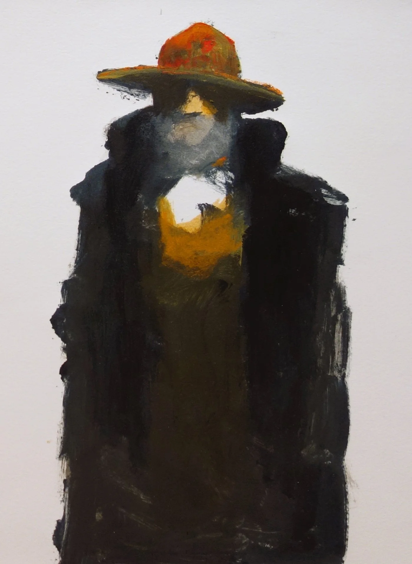 Robert Schlegel - Man with Hat in Dark Coat, acrylic on paper, 11.25 x 9.75 in. $1100
