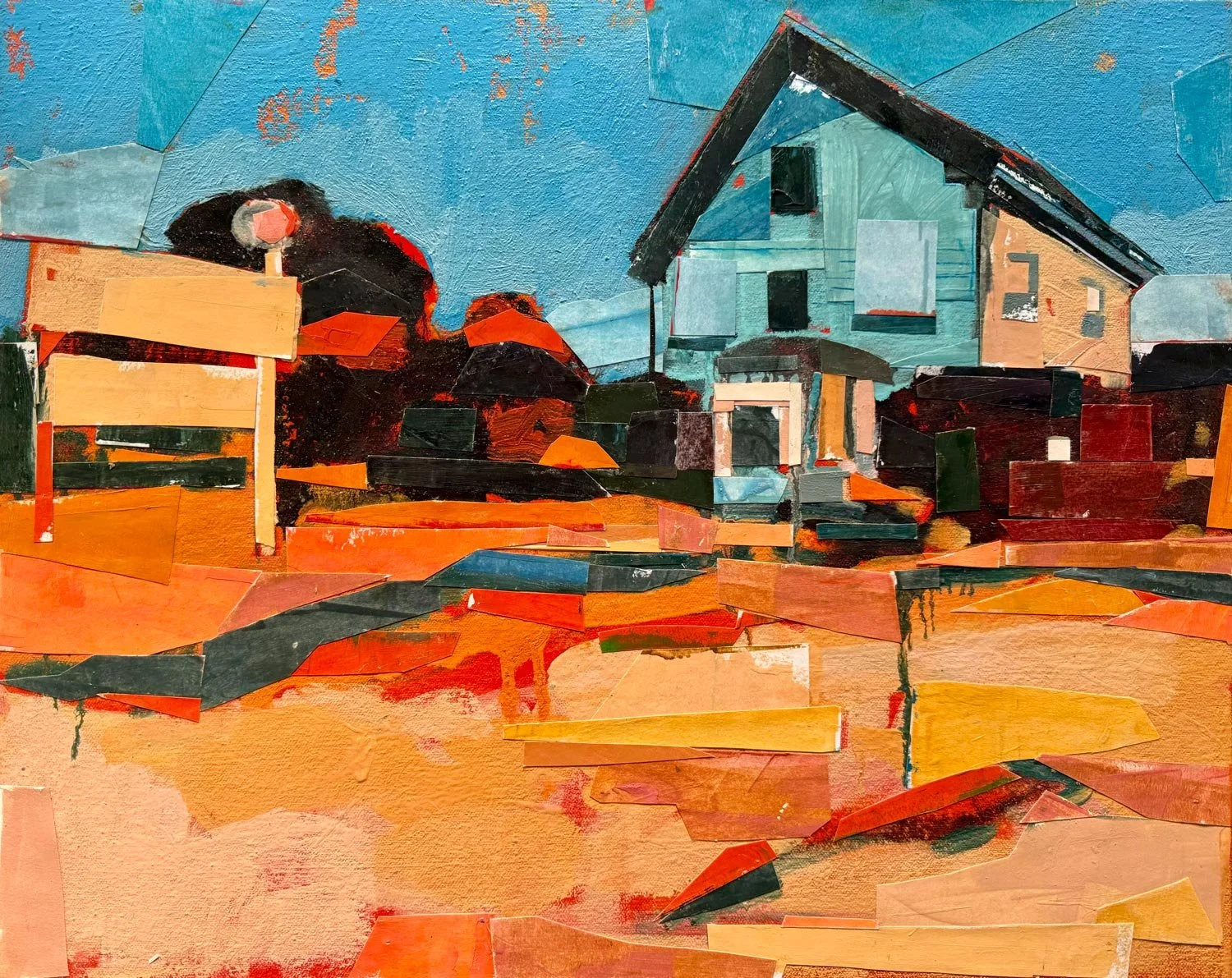 Daphne Minkoff - Vacancies #1, collage, oil on canvas over board, 20 x 16 in. 