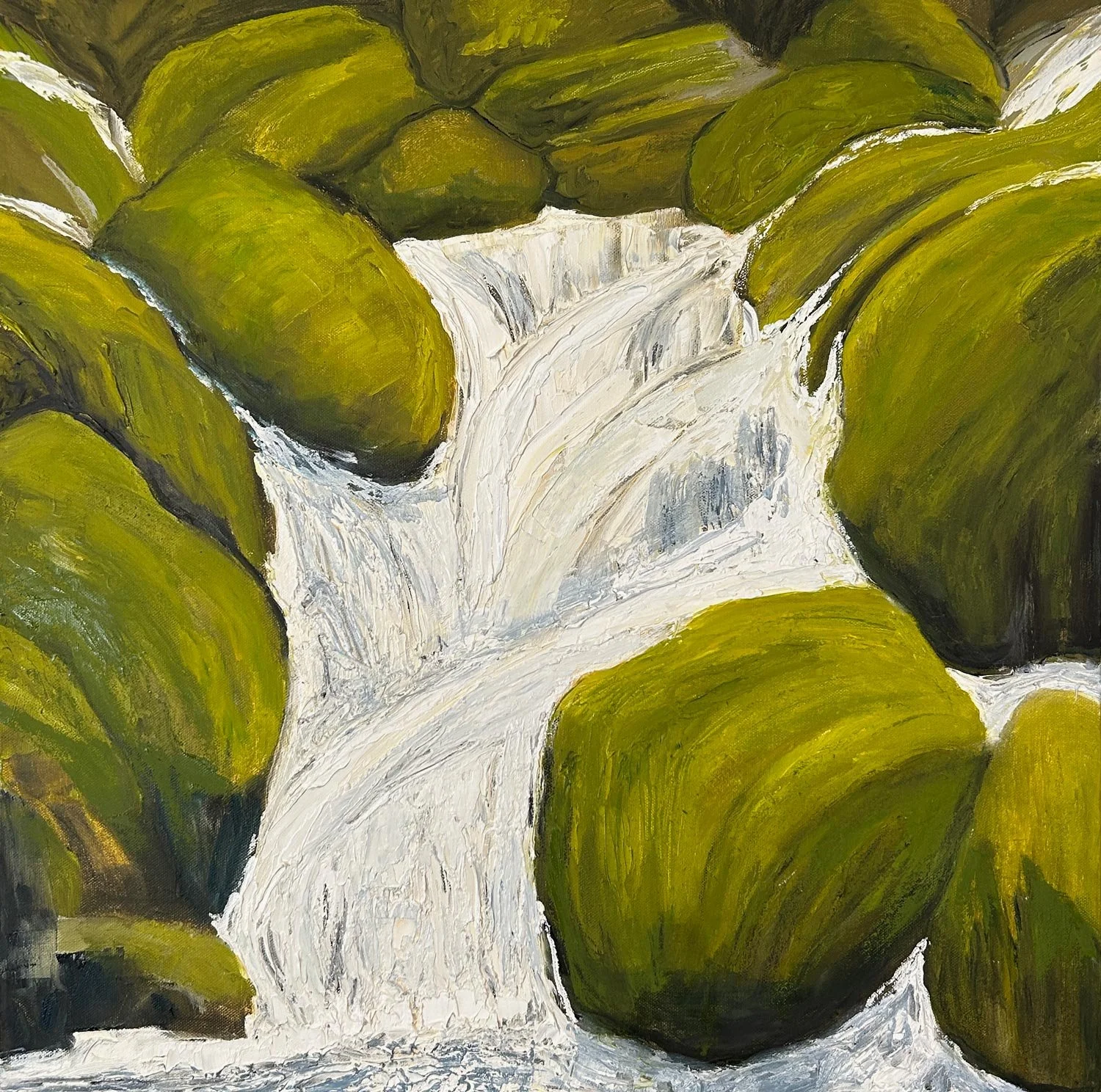 Hart James - Water Tumbling in Solitude, oil and charcoal on canvas, 24 x 24 in. 