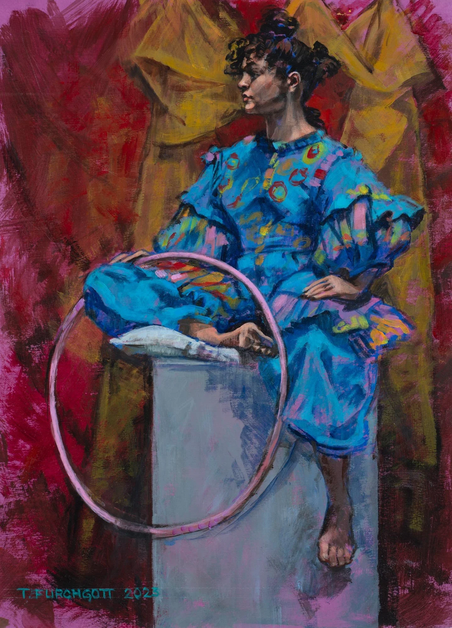 Terry Furchgott - Circus Girl with Pink Hoop, acrylic on paper, 19.25 x 14 in.  SOLD