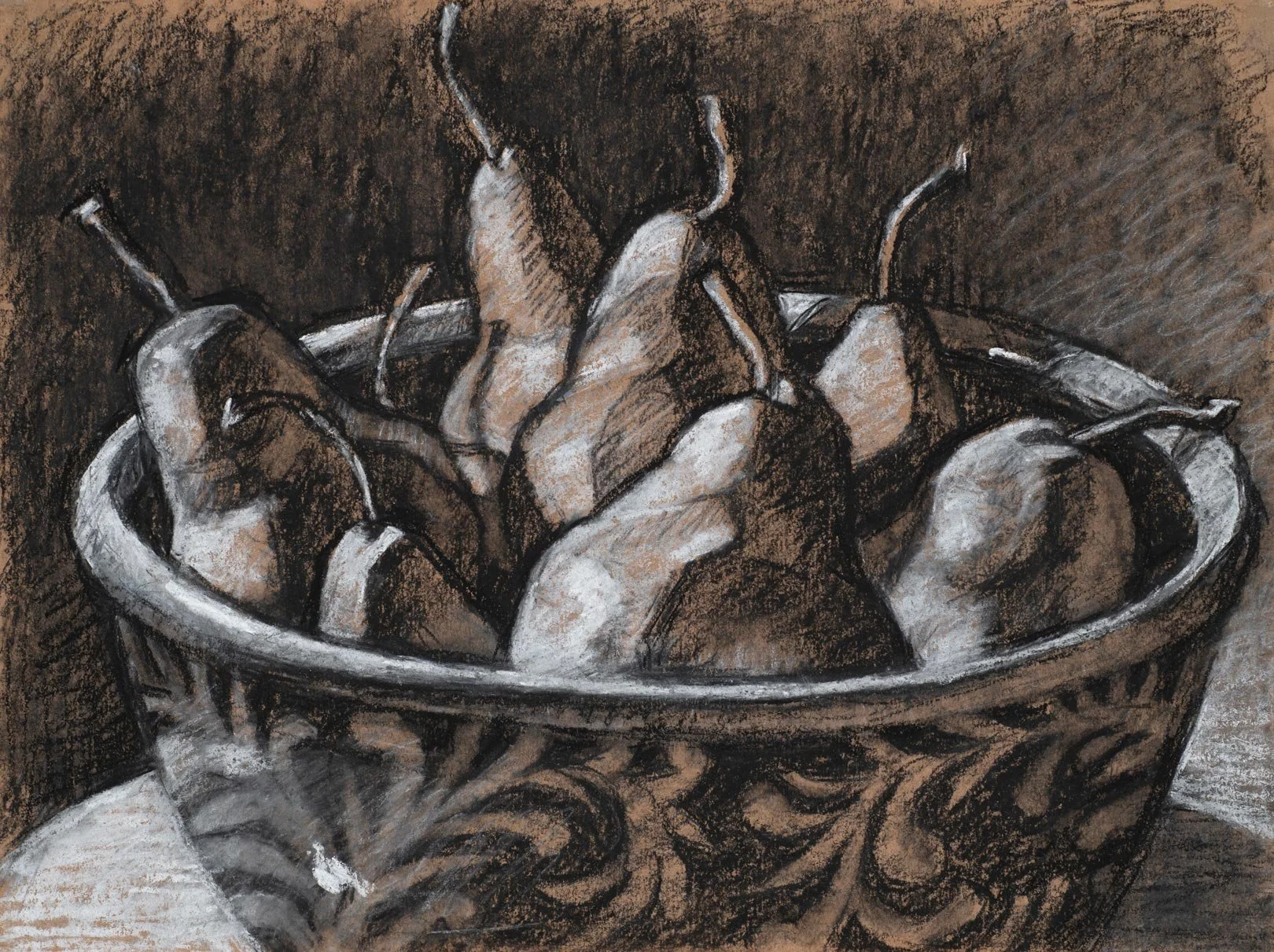 Terry Furchgott - Eight Pears in a Bowl, charcoal and white chalk on brown paper, 9 x 12 in. 