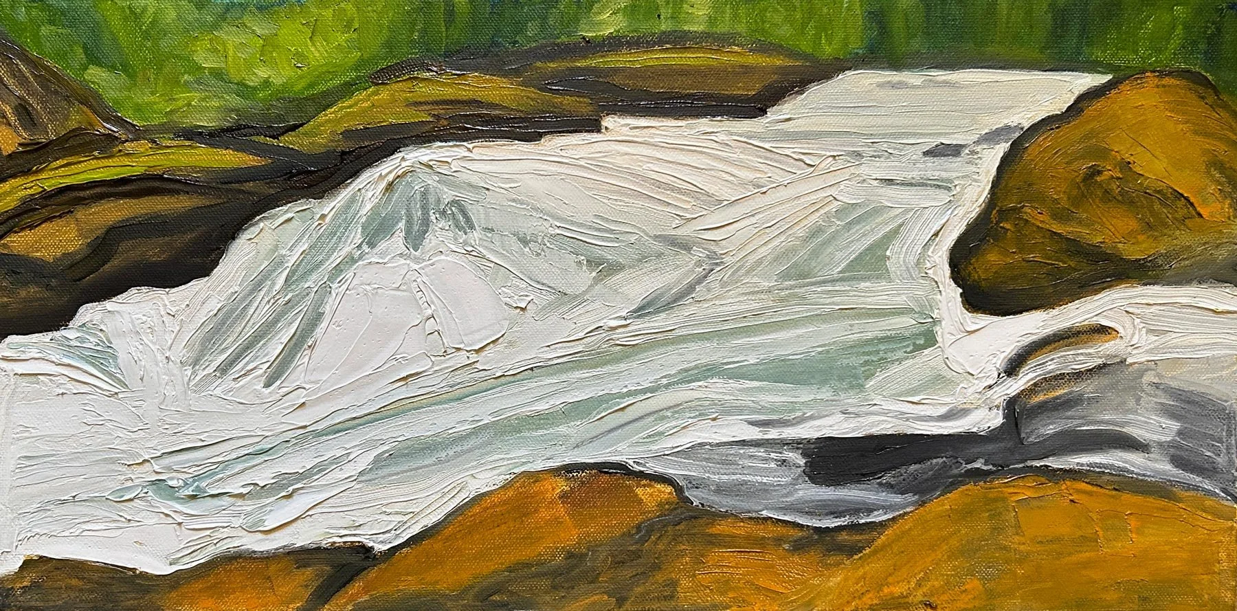 Hart James - White Water at the Hoh, oil and charcoal on canvas, 10 x 20 in. $800