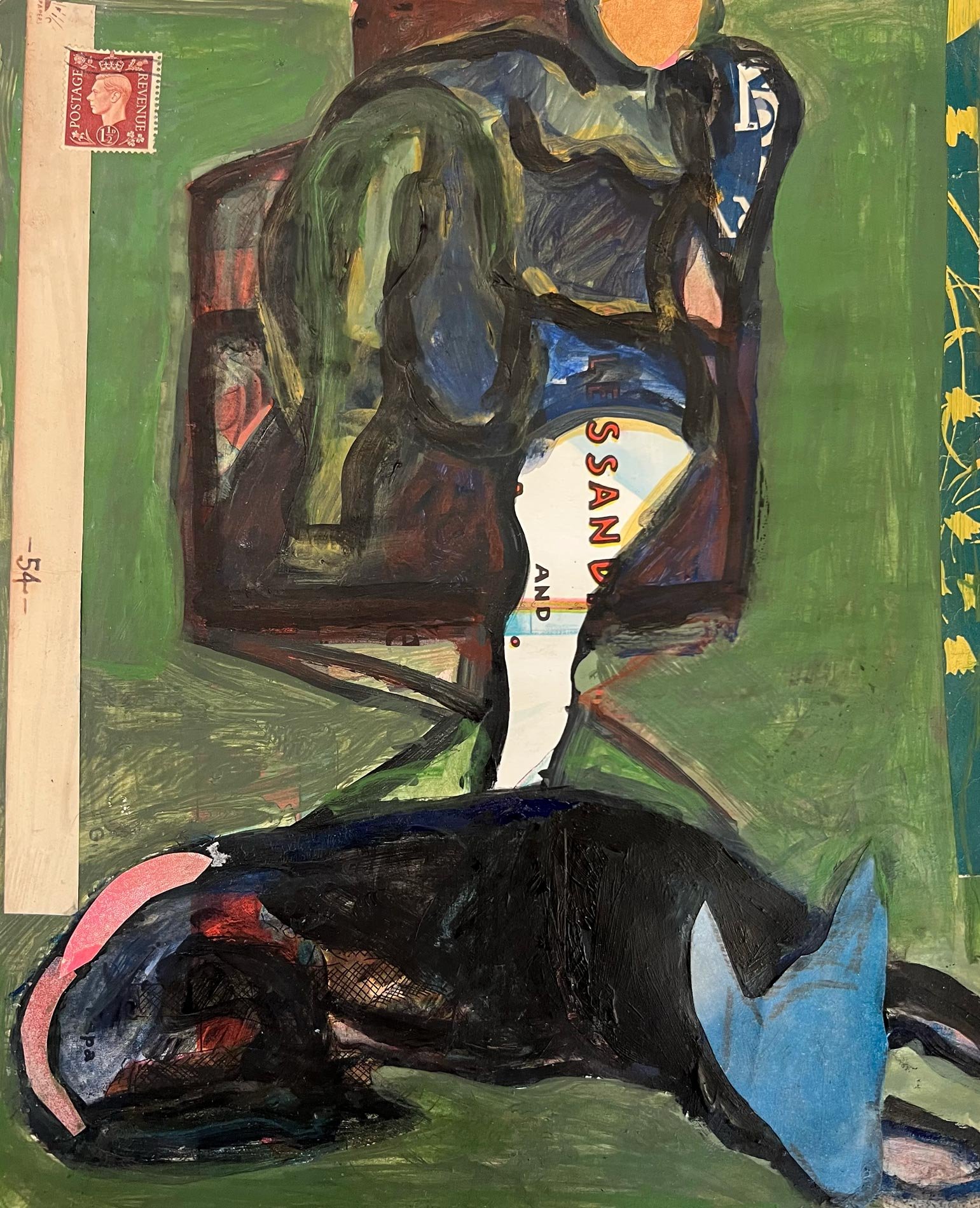 Karen Kosoglad - Seated Woman and Dog Collage, mixed media collage, 10.25 x 8 in. 