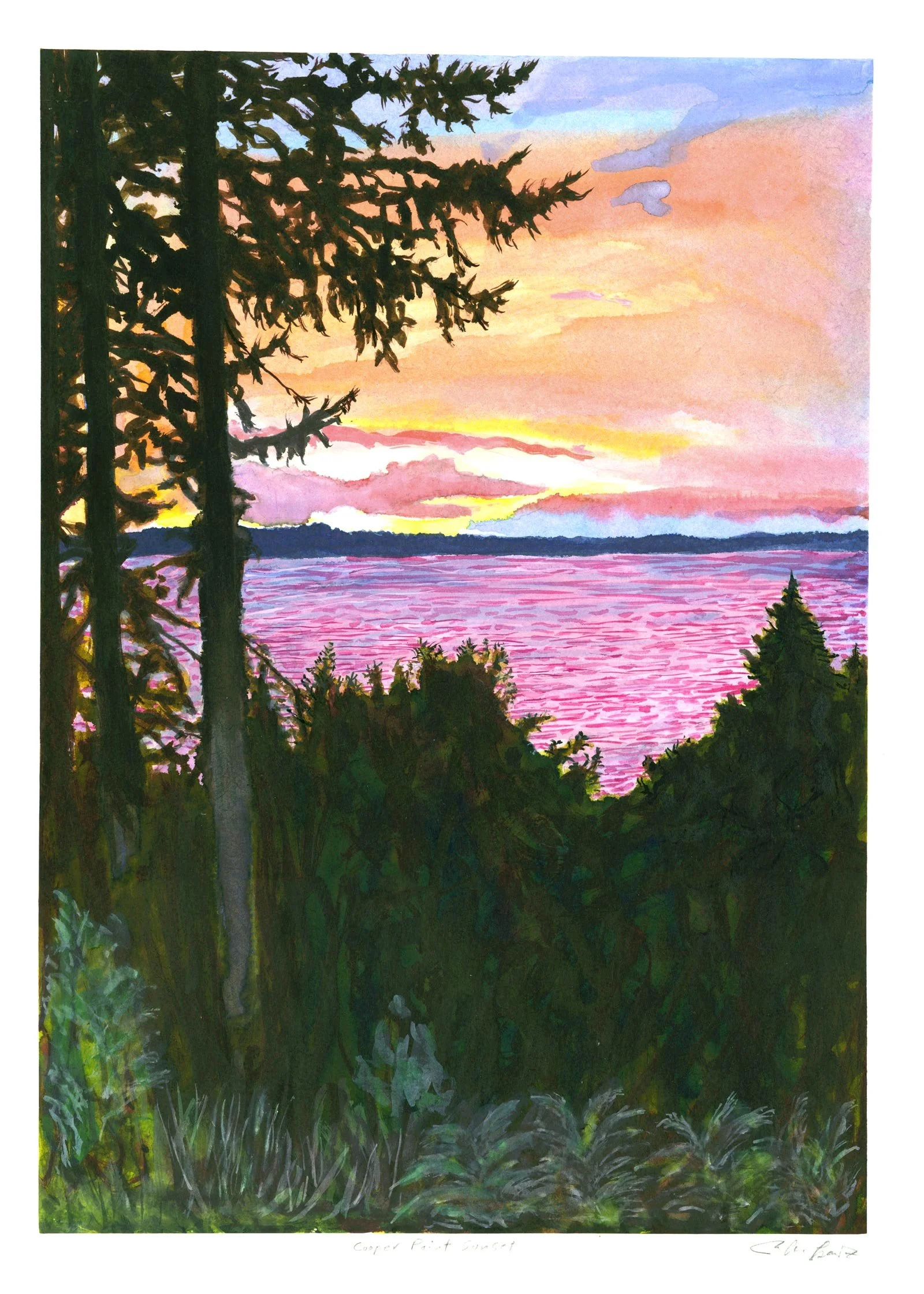John Lysak - Cooper Point Sunset, ink and watercolor on paper, 16.5 x 12 in. $1900