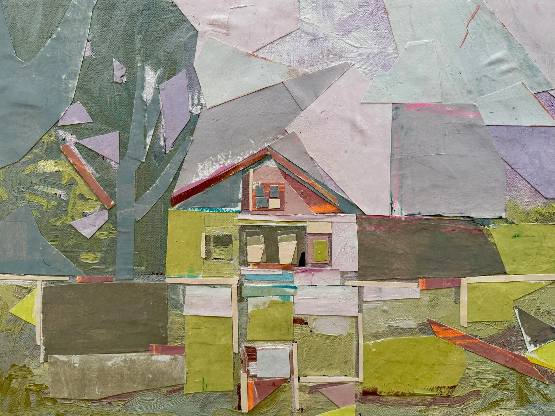 Daphne Minkoff - Where the Light Stays, collage, oil on canvas over board, 16 x 12 in. 