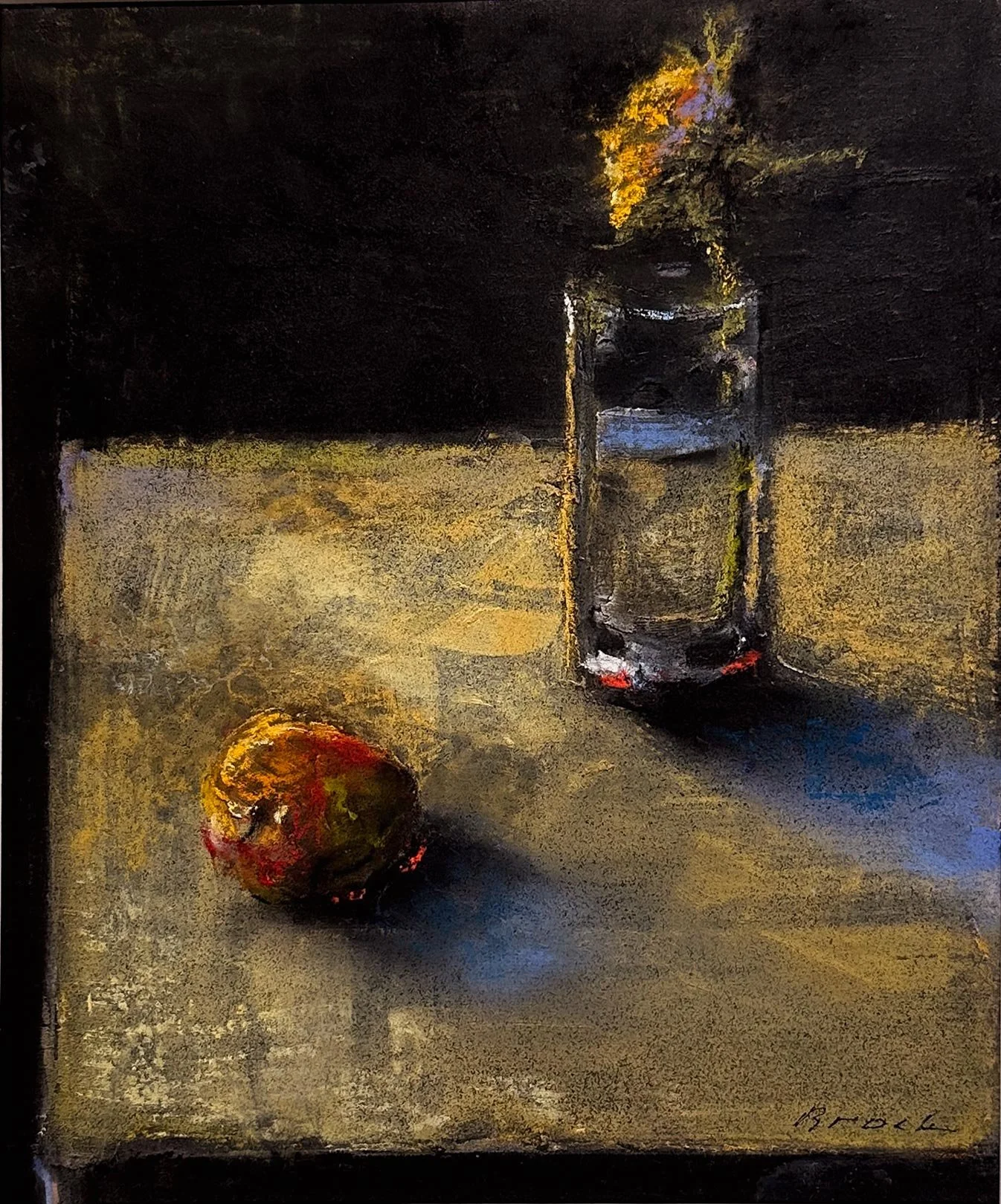 Joel Brock - still life with apple and flower (title  unknown) - likely gesso, pastel and acrylic on paper, 12 x 10 in. framed to 17 x 15 in. $3000