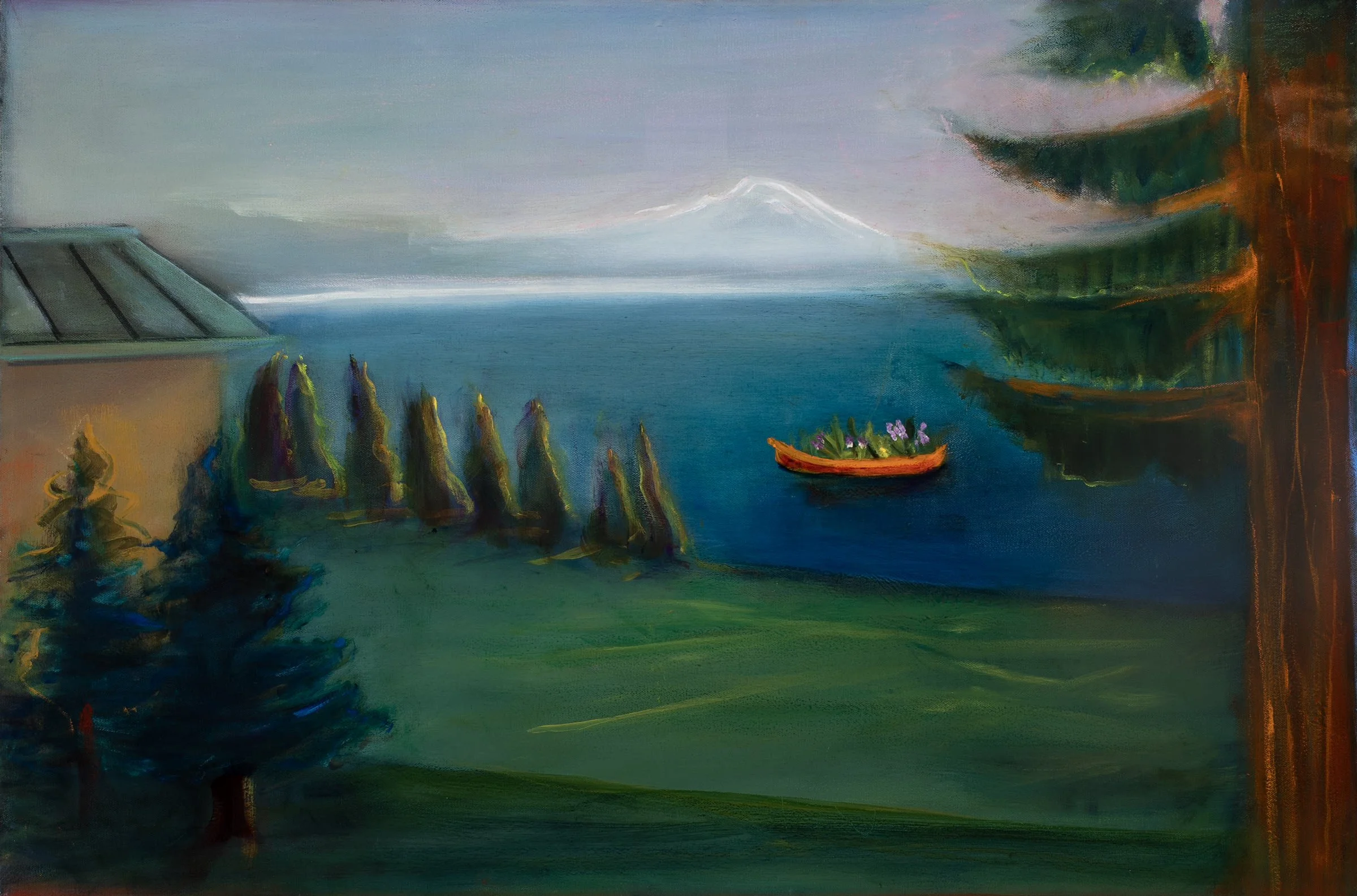 Kathryn Altus - Orange Canoe Bouquet Delivery System, oil on canvas, 24 x 36 in. 
