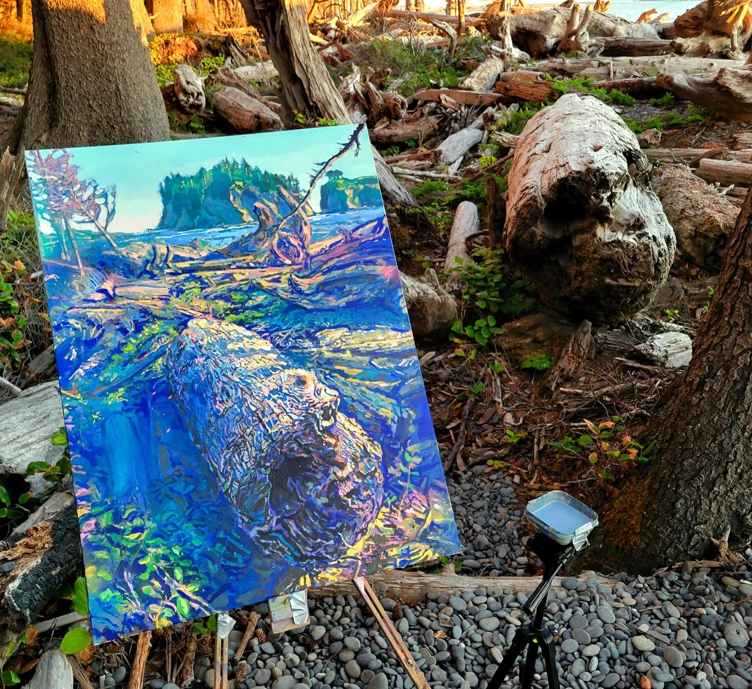 Plein Air - Painting on Location: Rialto Beach, spray paint and acrylic on canvas, 46 x 34 in