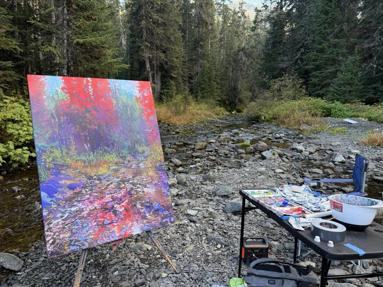 Plein Air - Painting on Location: Canyon Creek, spray paint and acrylic on canvas, 48 x 36 in. 