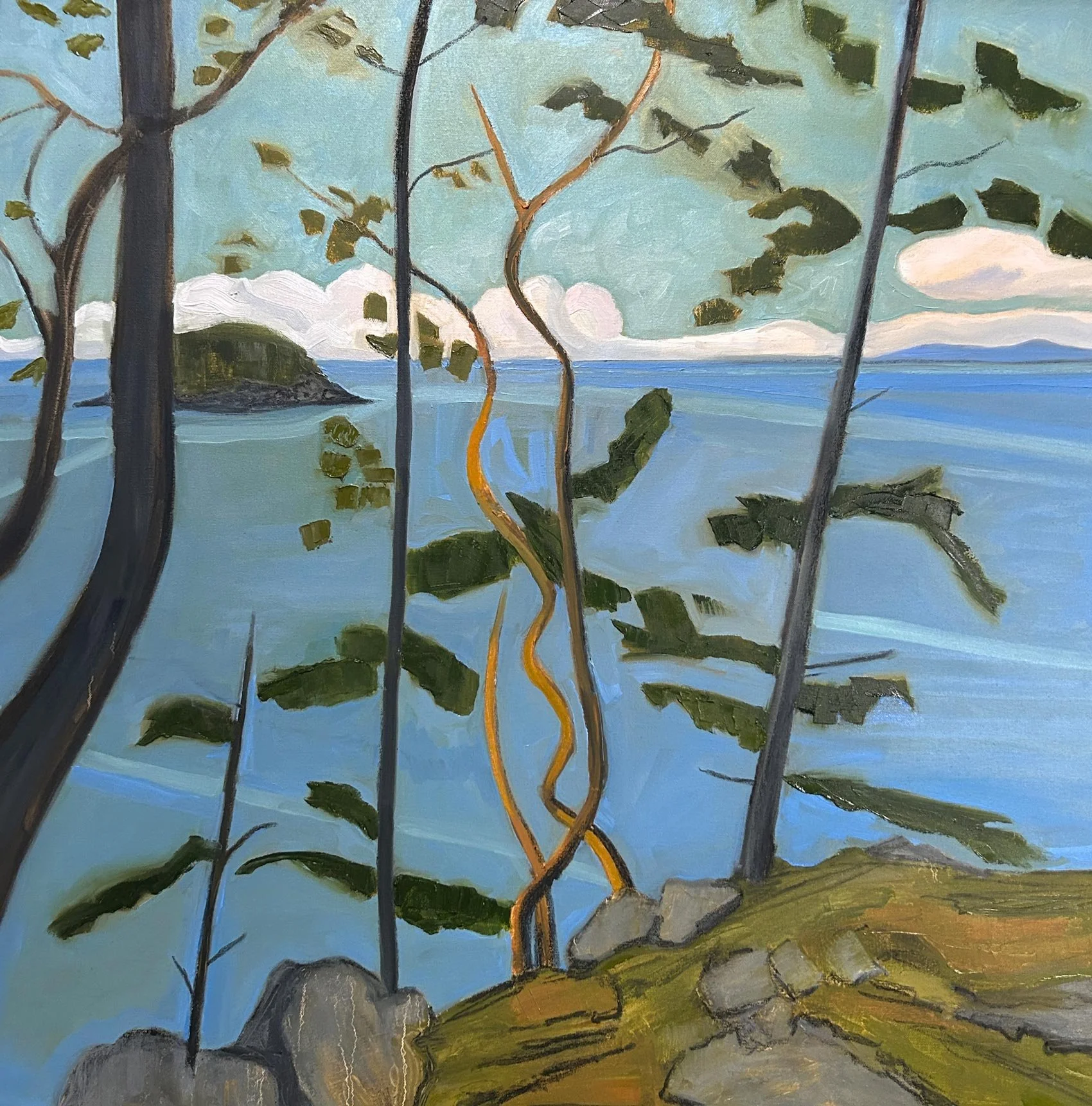 Hart James - Puffins Are Out There, oil and charcoal on canvas, 36 x 36 in. $3500