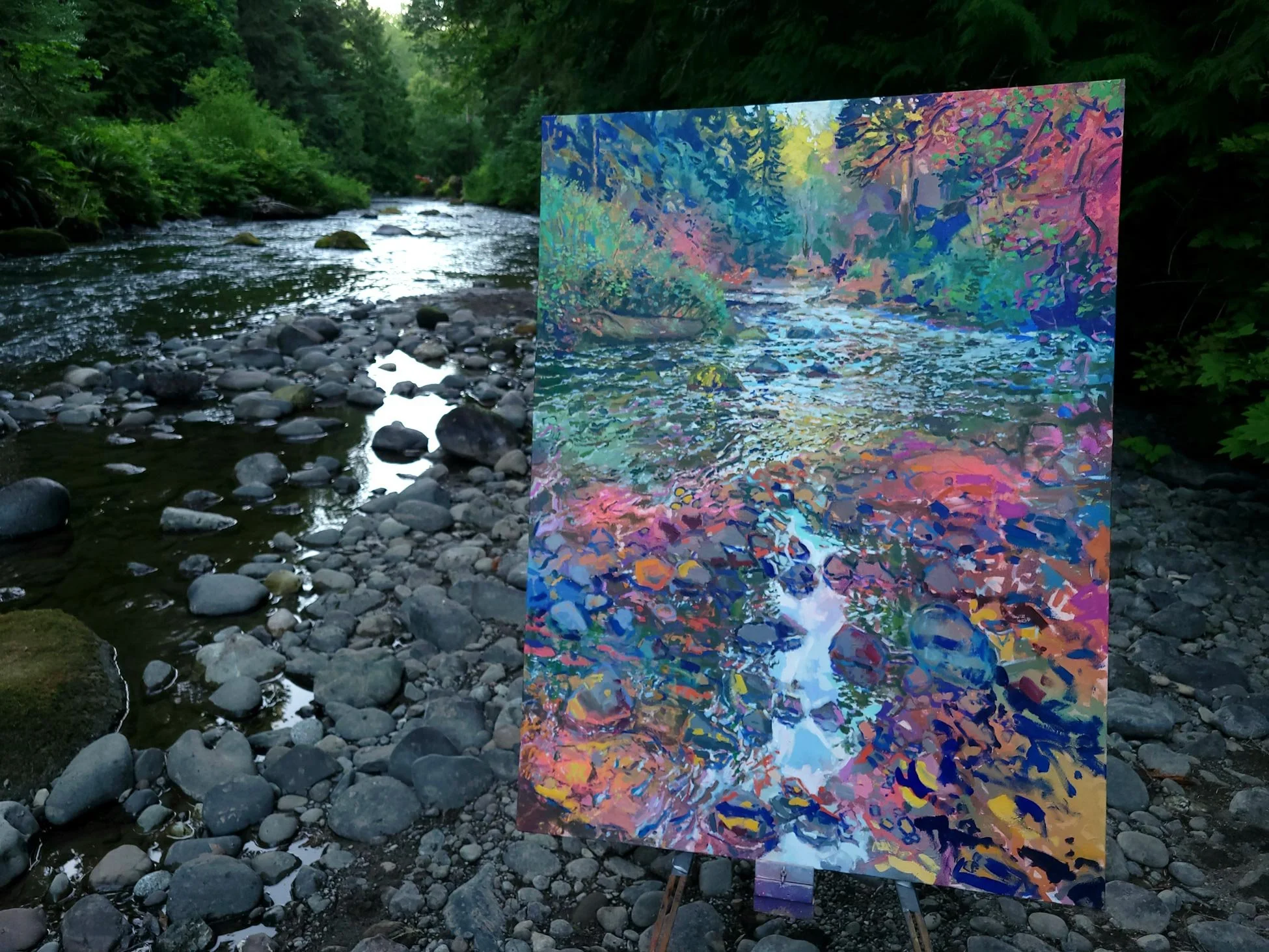 Plein Air - Painting on Location: Lyre River, spray paint and acrylic on canvas, 46 x 34 in.