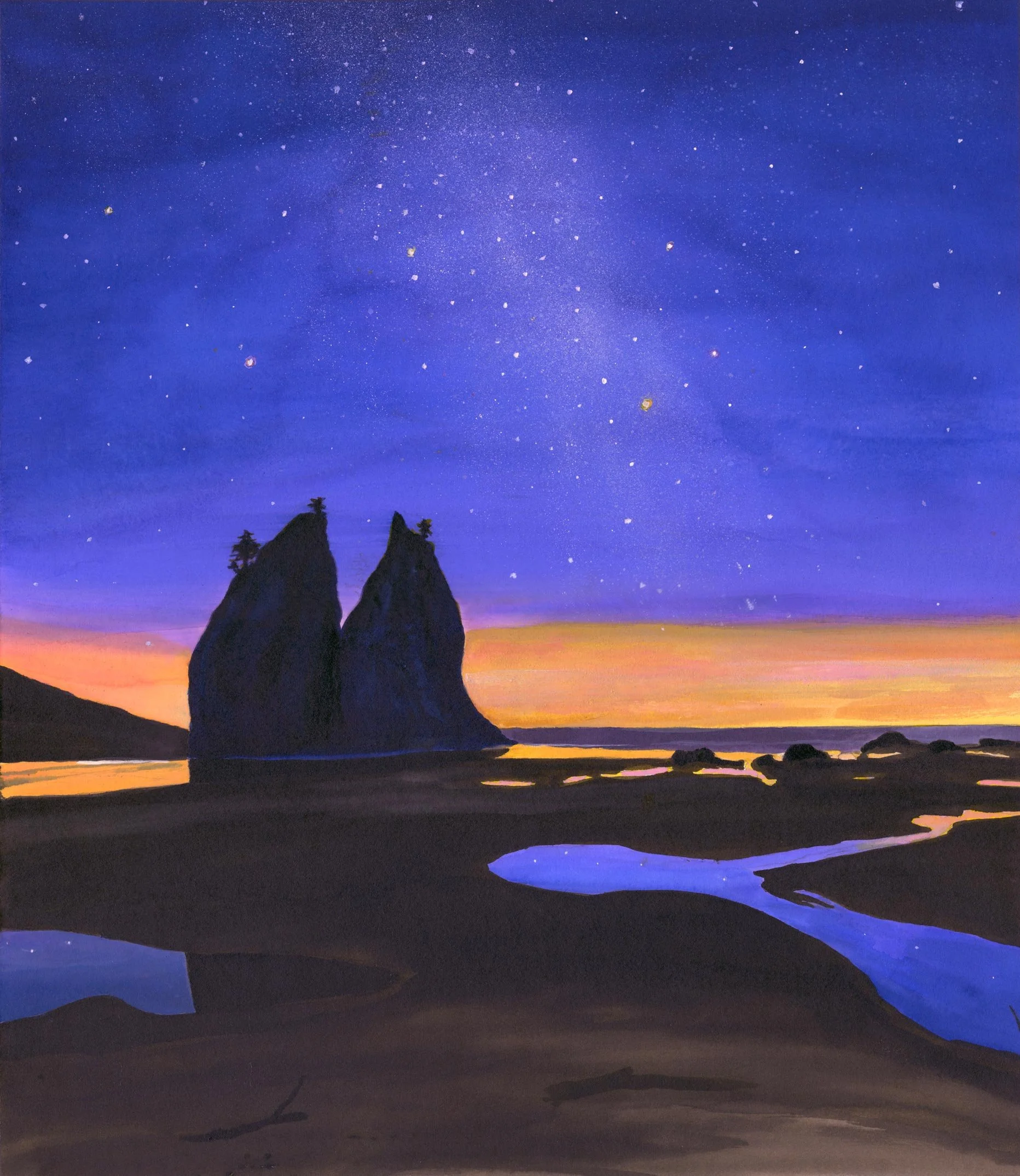 John Lysak - Rialto Beach Nightfall, ink and watercolor on paper on board, 22 x 19 in. SOLD