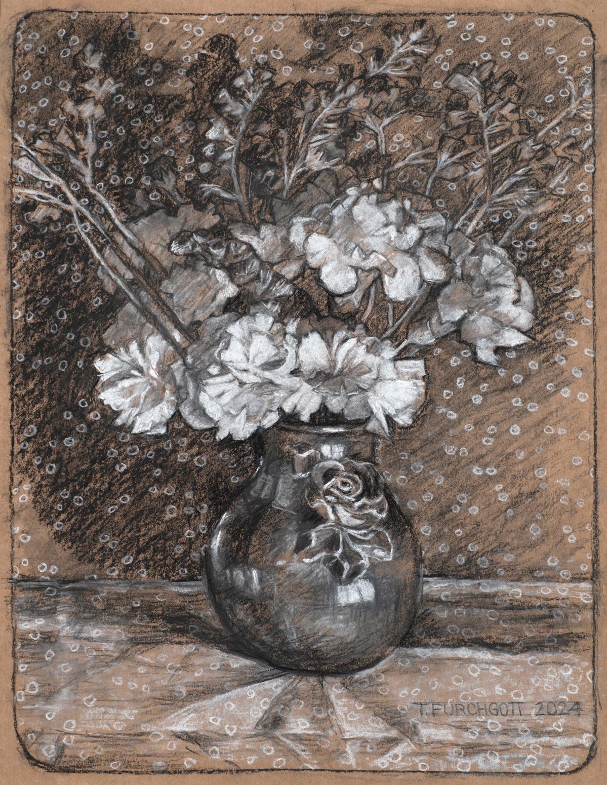 Terry Furchgott - Carnations with Polka Dots, charcoal and white chalk on brown paper, 18 x 14 in. 