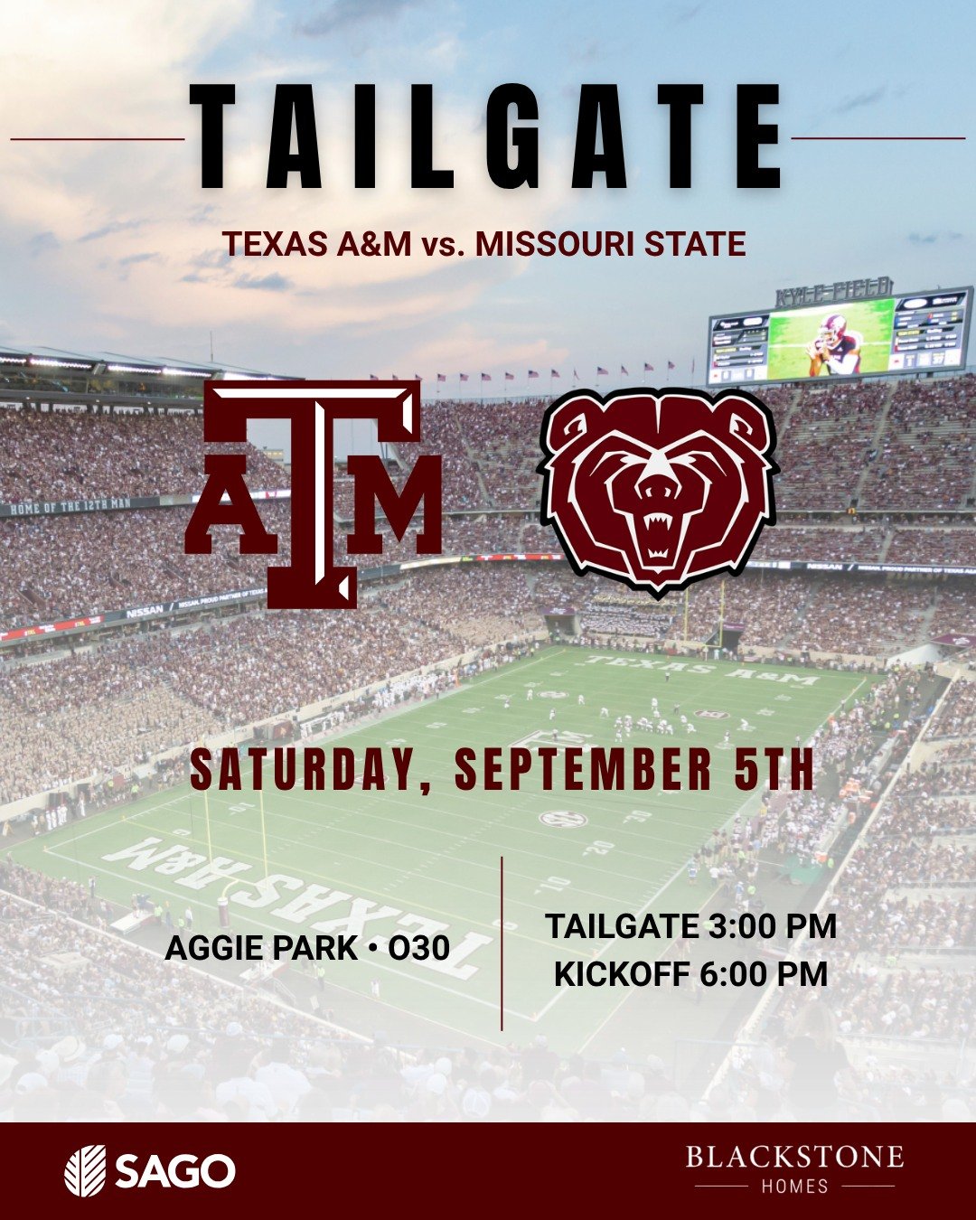 It's game week in Aggieland! Tailgate with us THIS Saturday!

Aggie Park &ndash; on Houston Street &ndash; Right outside of Kyle Field 

3:00 PM Tailgate | 6:00 PM Kickoff 

Food and drinks are provided!