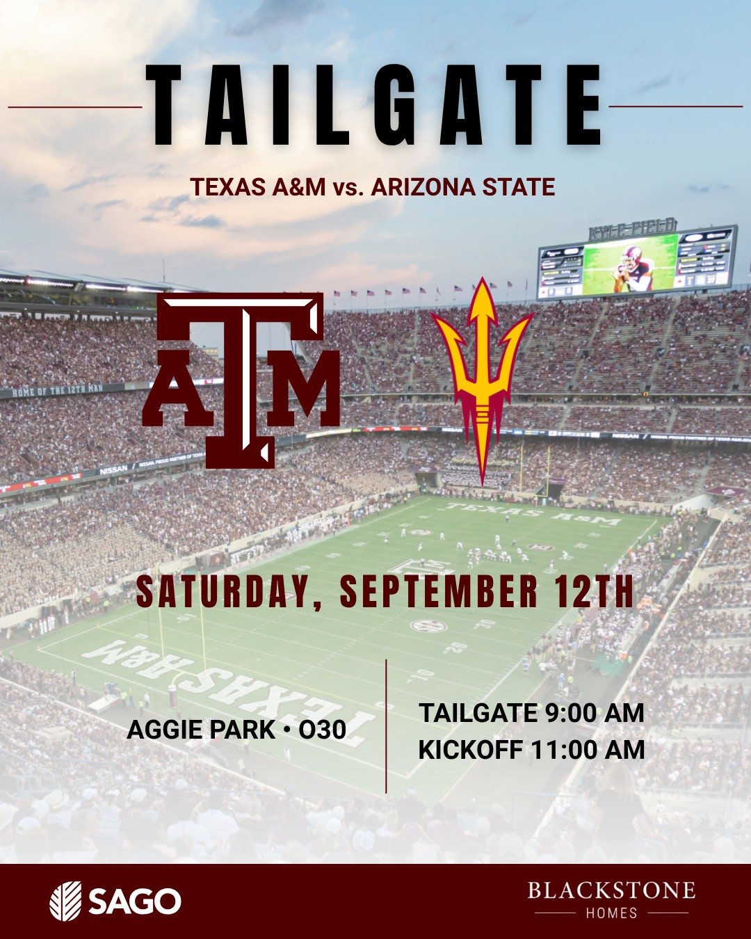 It's game week in Aggieland! Tailgate with us THIS Saturday!

Aggie Park &ndash; on Houston Street &ndash; Right outside of Kyle Field 

9:00 AM Tailgate | 11:00 AM Kickoff 

Food and drinks are provided!