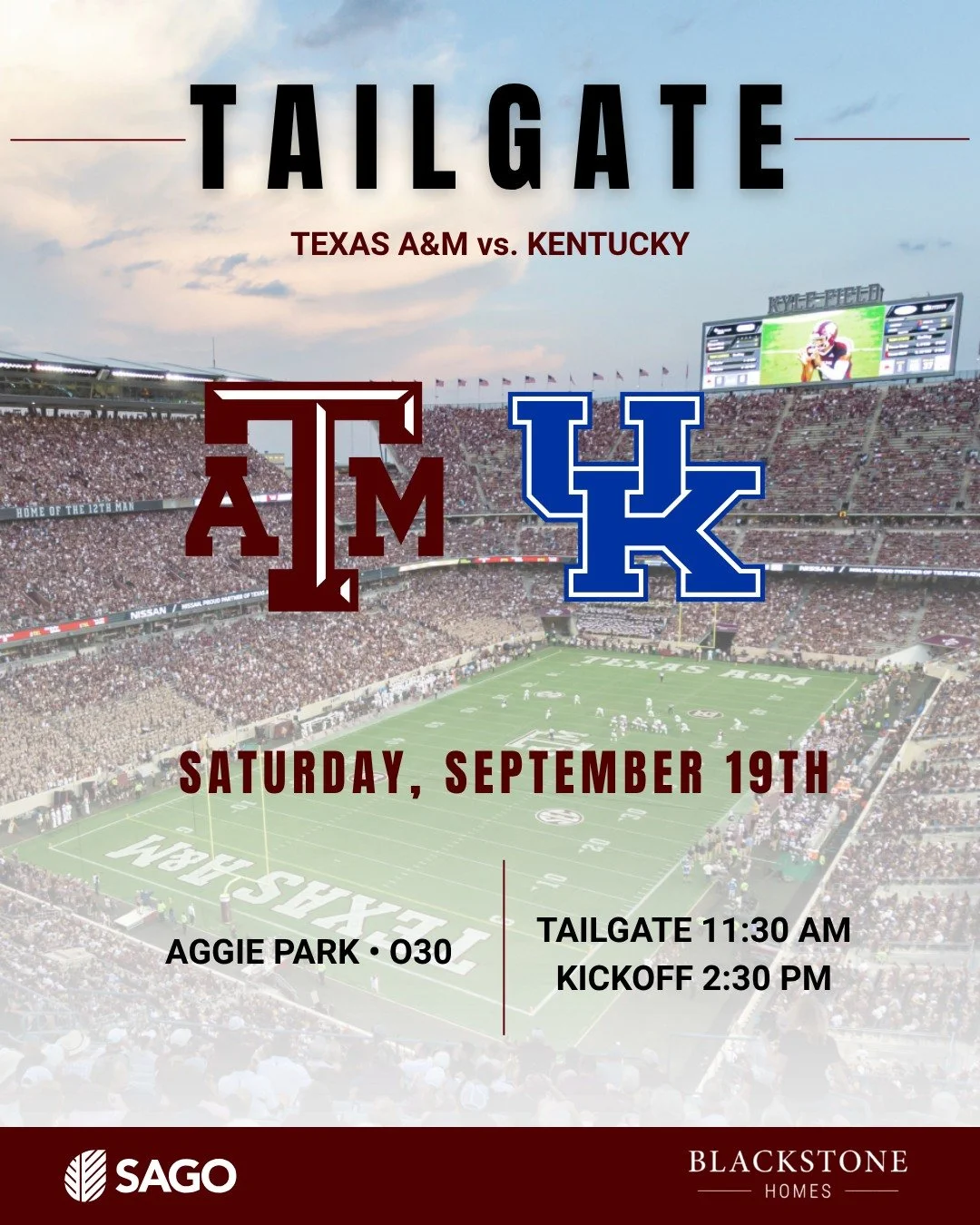 It's game week in Aggieland! Tailgate with us THIS Saturday!

Aggie Park &ndash; on Houston Street &ndash; Right outside of Kyle Field 

11:30 AM Tailgate | 2:30 PM Kickoff 

Food and drinks are provided!