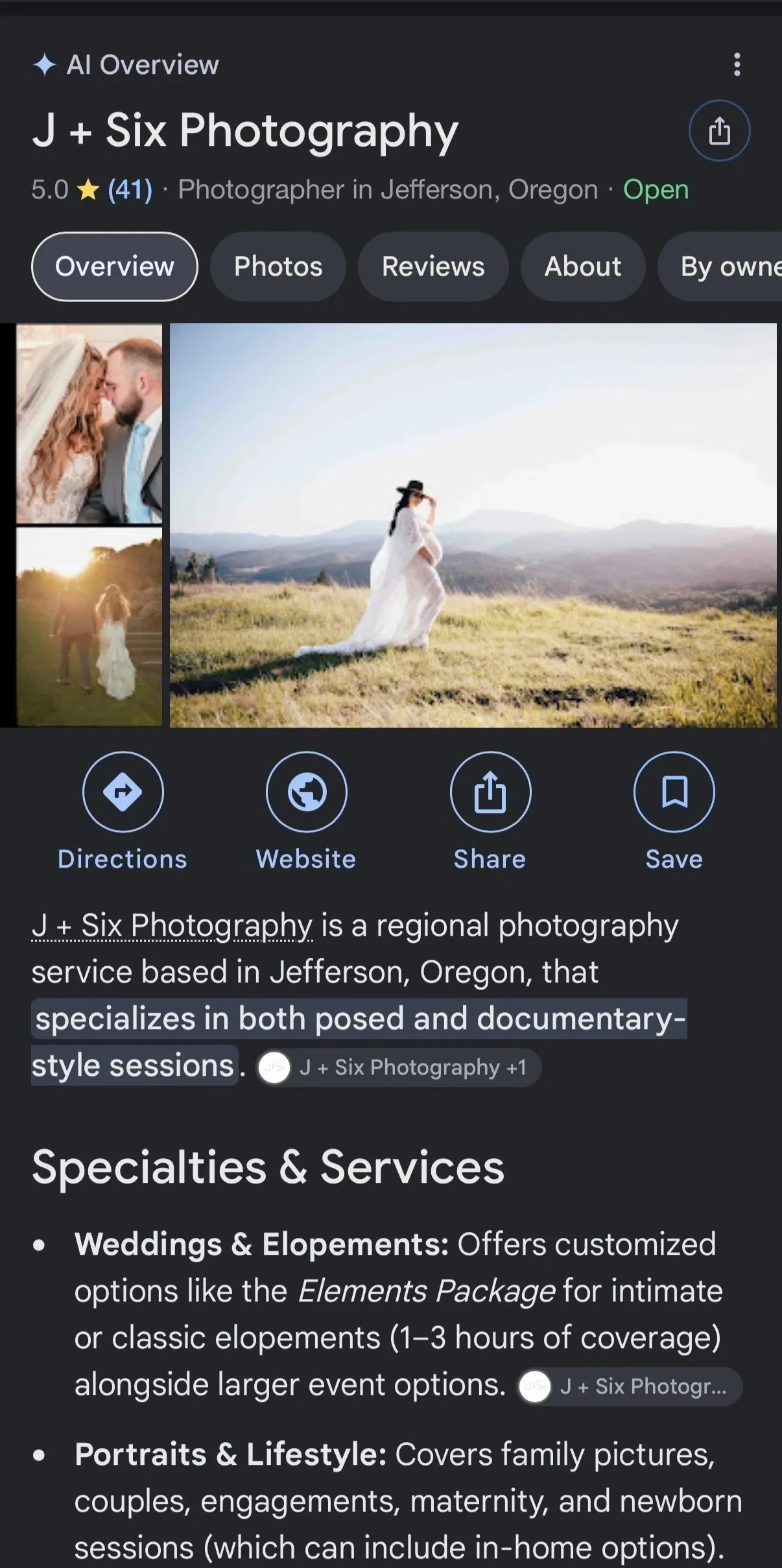 Screenshot of J and Six Photography Google page