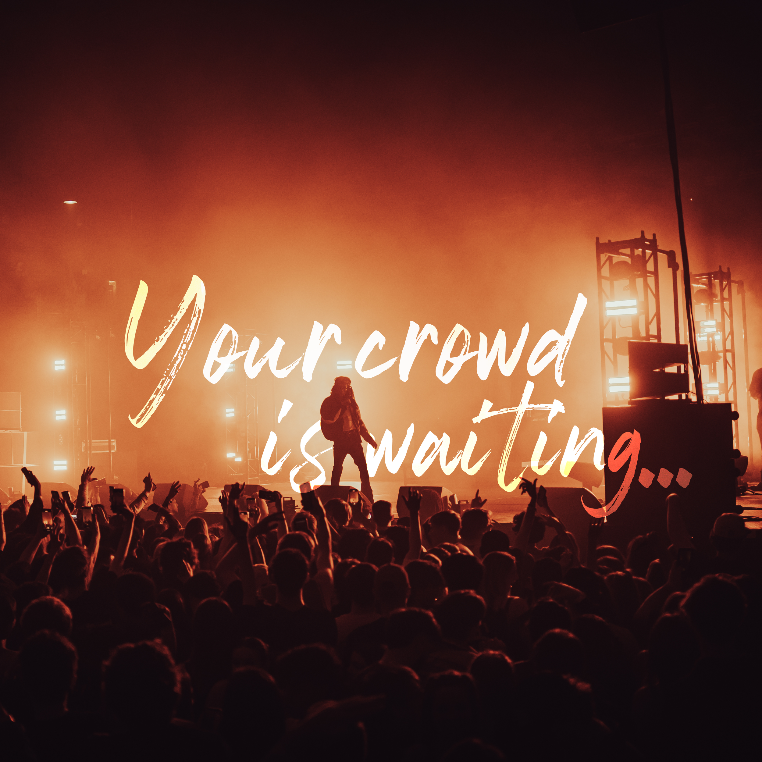 A concert scene with Lil Tecca on stage illuminated by orange lights, a large crowd with raised hands, and text overlaid that reads 'Your crowd is waiting...'